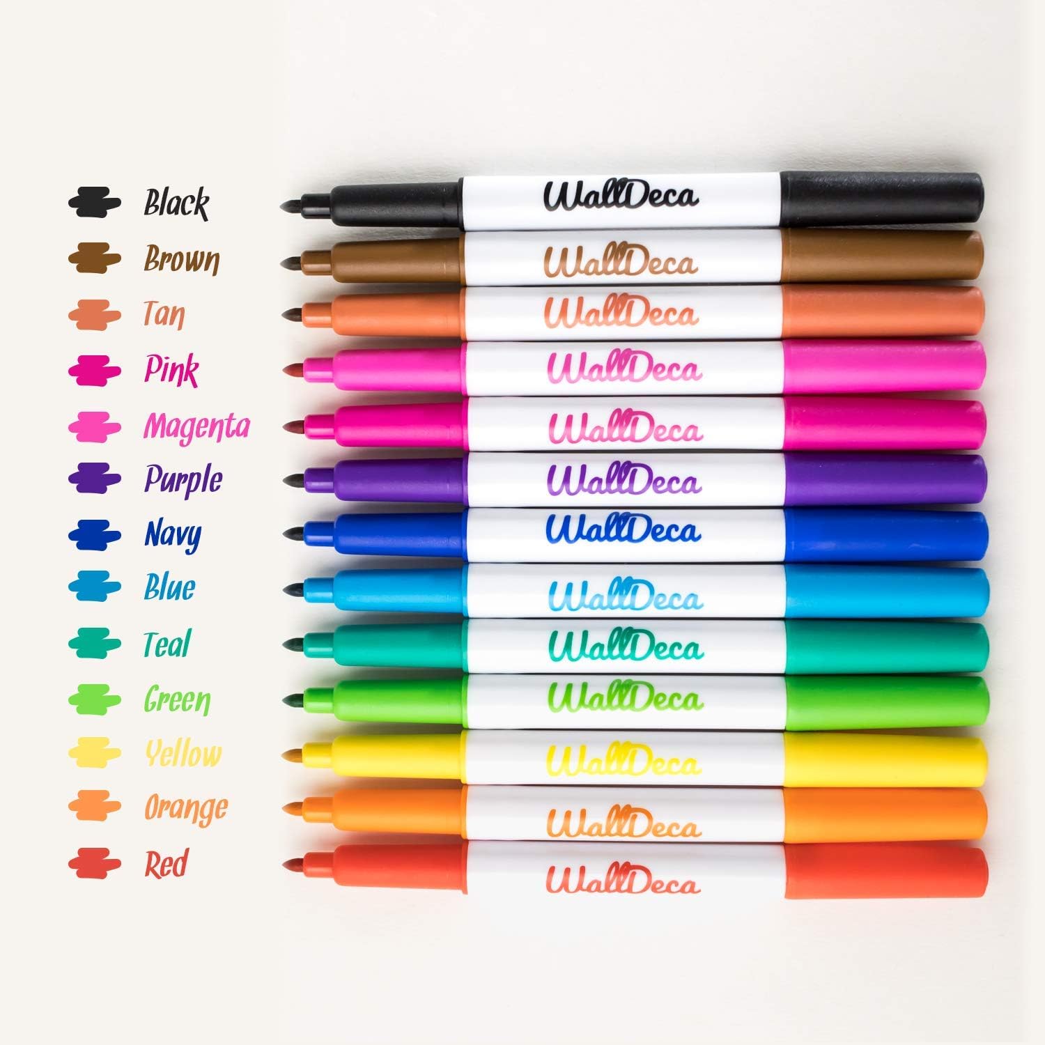 WallDeca Low-Odor Dry Erase Markers, Fine Tip, Assorted 13 Colors, Whiteboard Marker Pens Erasable Calendar (Standard Kit)