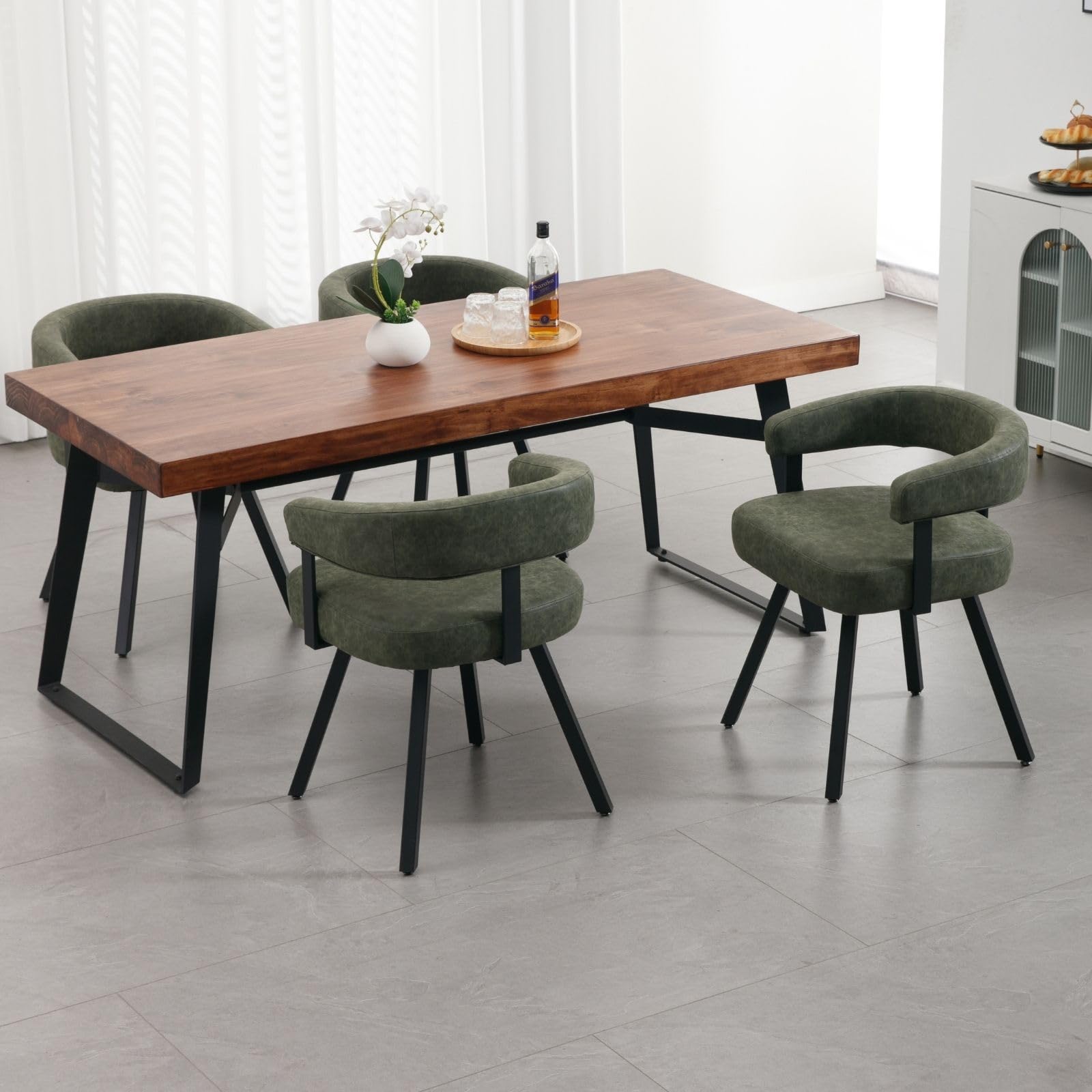 LukeAlon PU Leather Dining Chairs Set of 4, Upholstered Armchair with Padded Barrel Back Modern Guest Chairs Side Chairs with Armrests Black Metal