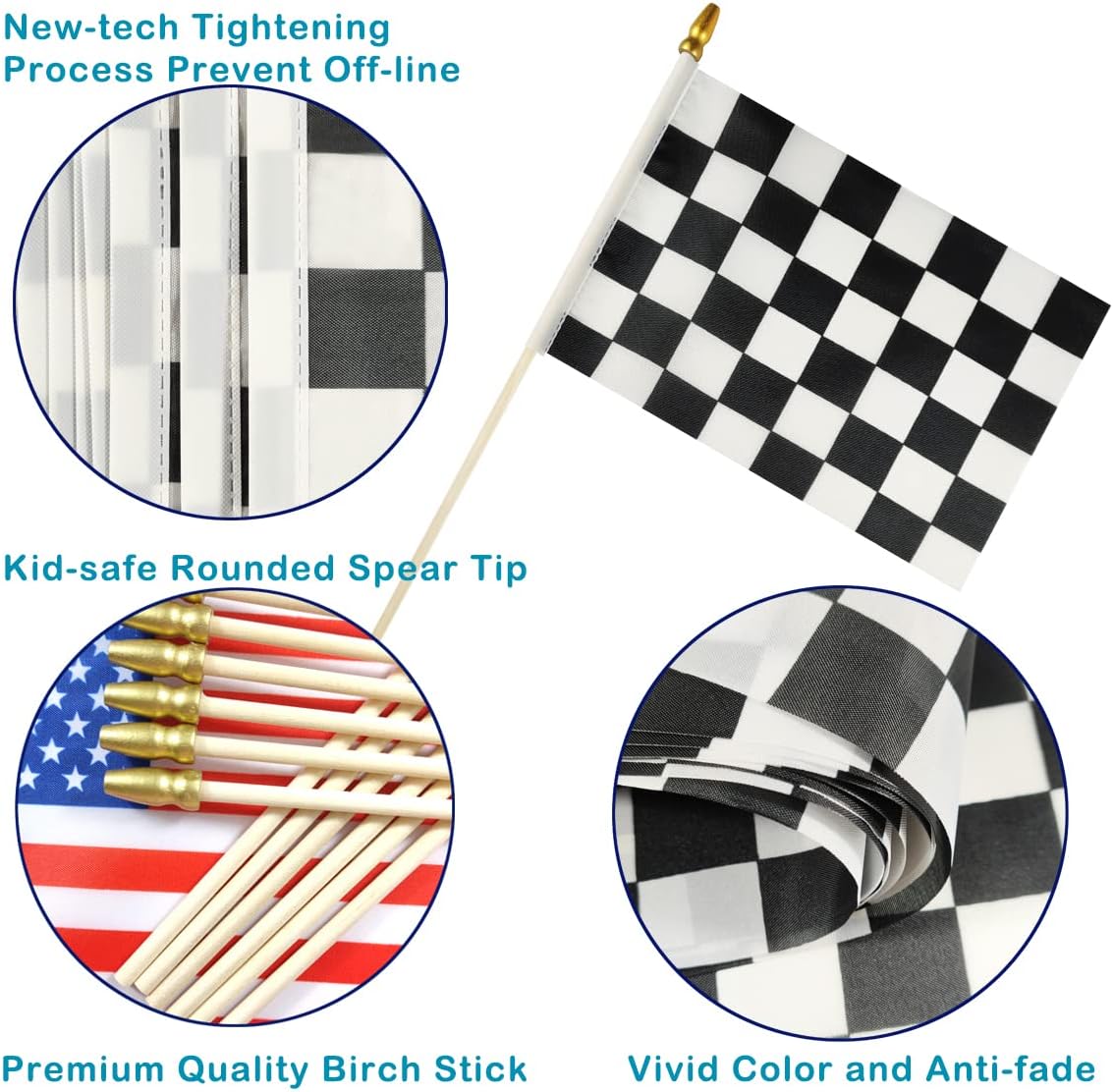 Newperlite Checkered Black and White Racing Stick Flag Small Mini Hand Held Flags - Solid Wooden Pole and Spear Top,12 Pack, 5x8 Inches image 3