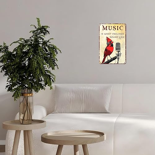 Miniatura 6 de Letrero de hojalata de pájaro vintage con texto en inglés "Music Is What Feelings Sound Like Retro Wall Art Wall Art Funny Bird Lovers Poster Indoor