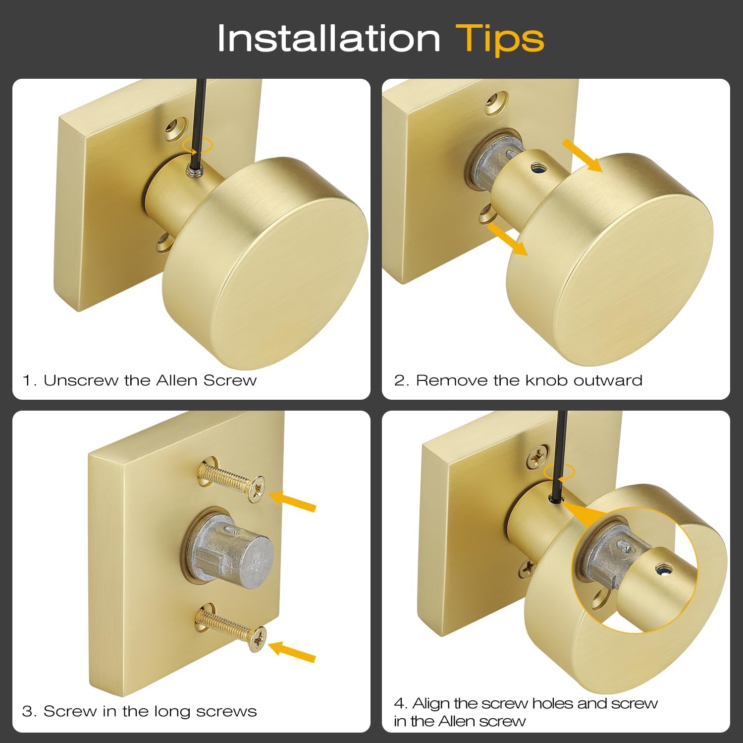 EHOMEWARE 2 Pack Gold Door Knobs Keyless Interior - No Lock Passage Handles for Hallway & Closet, Heavy Duty Universal Handing, Satin Brass Finish