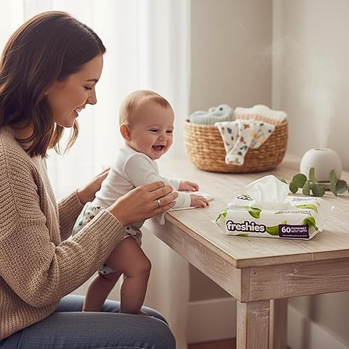 Miniatura 5 de Freshies Toallitas desechables para bebés, 7 x 5 pulgadas (paquete de 60), ideales para bebés y niños pequeños