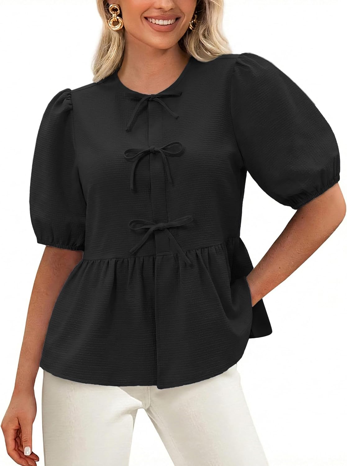 siliteelon Women's Babydoll Tops Peplum Blouse with Tie Front & Puff Sleeve Cute Summer Trendy Shirts