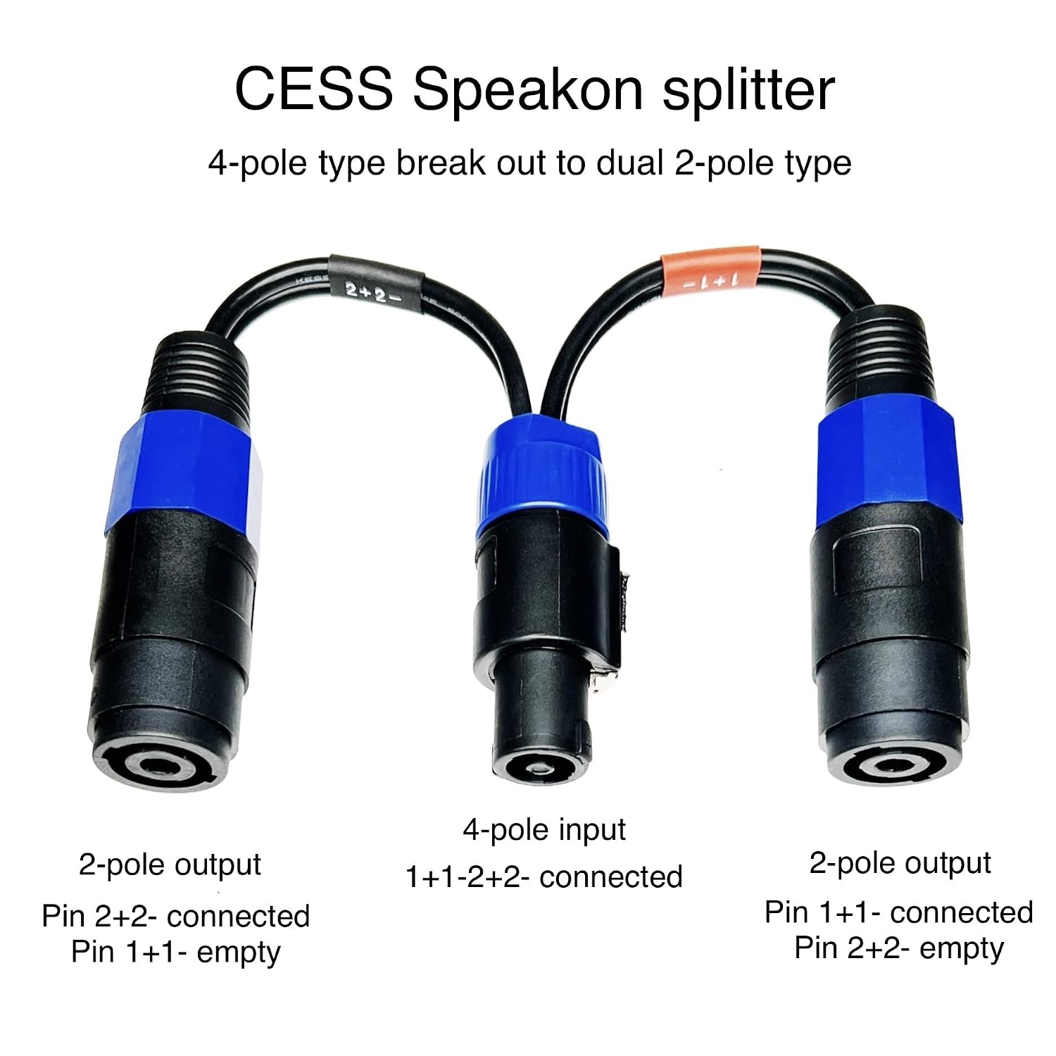 CNCESS 4-Pole Speakon Splitter Cable, Speakon Male Plug to Dual 2-Pole Female Speakon Jacks, 6 Inch 12 AWG Speaker Breakout Adapter, 2 Pack