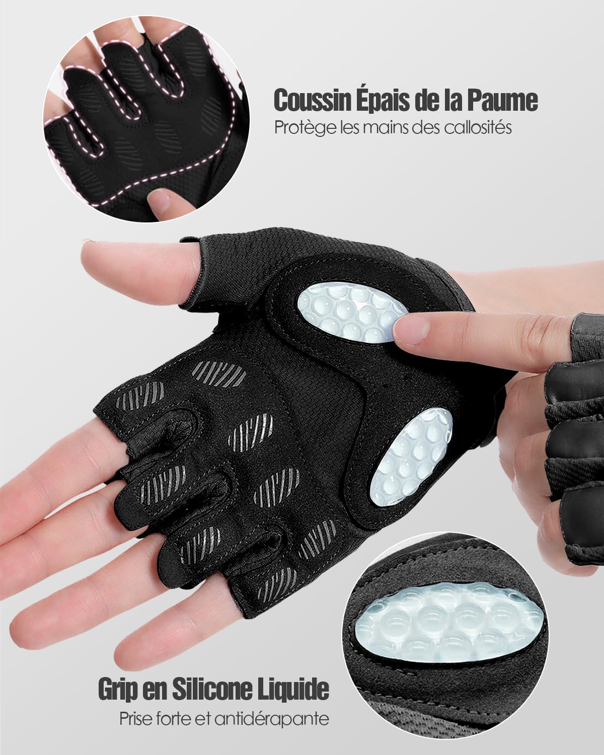 Gants Musculation pour Hommes et Femmes – Gants de Fitness sans Doigts pour Sport, Workout, Crossfit & Haltérophilie avec Points Silicone Antidérapants & Protection de la Paume