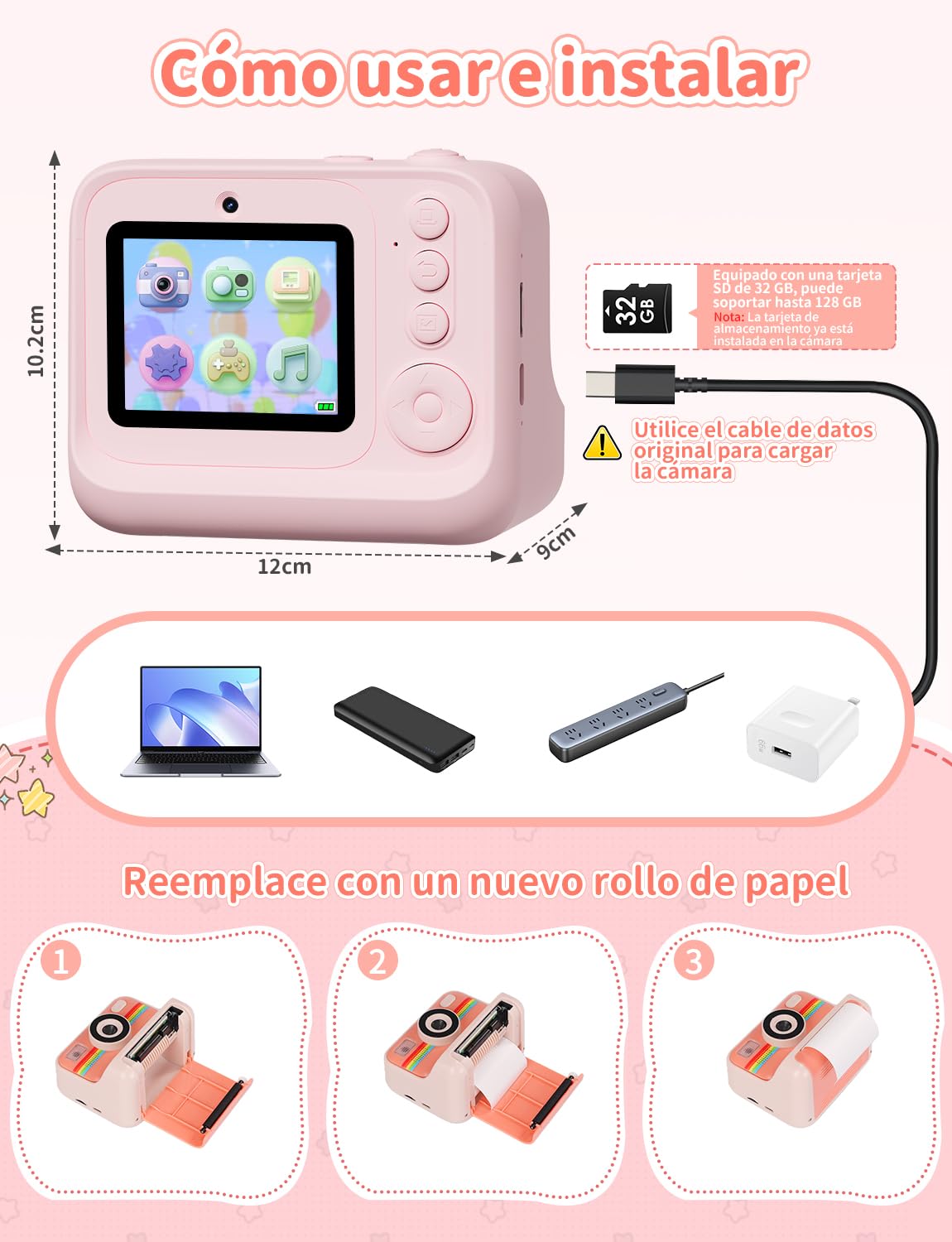 LIORQUE Camara Fotos Infantil Instantanea, 2.4'' HD 1080P Camara de Fotos Instantaneas con Tarjeta de 32G y Papel de Impresión, Bolígrafos de Colores DIY, Regalo para Niños de 3 a 12 Años (Rosa)