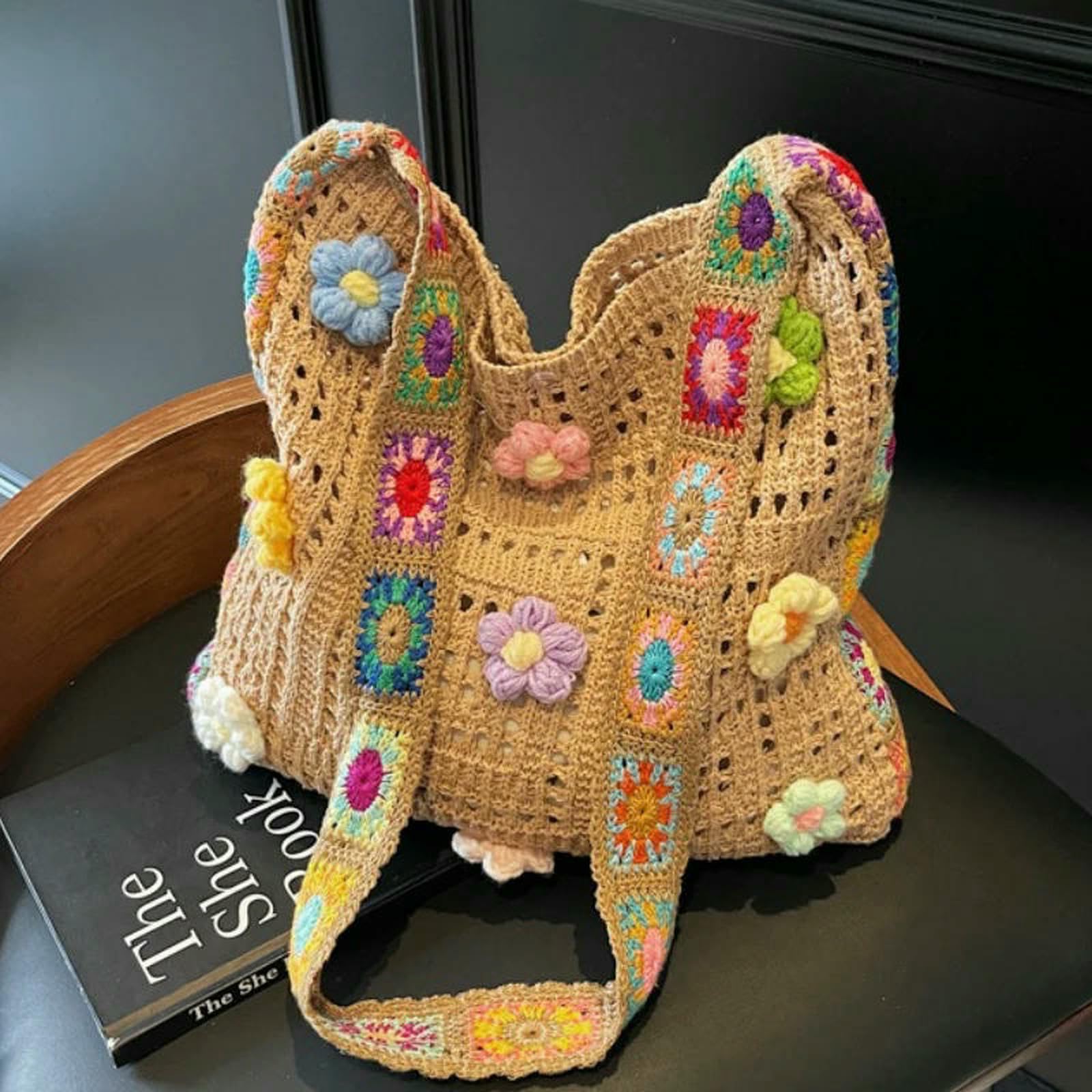 Borse Borsa all'Uncinetto Boho Femminile, A Maglia Designer Floreale, per Spalla Intrecciata in Spiaggia Estiva di Grande capacità-Beige con Fiori