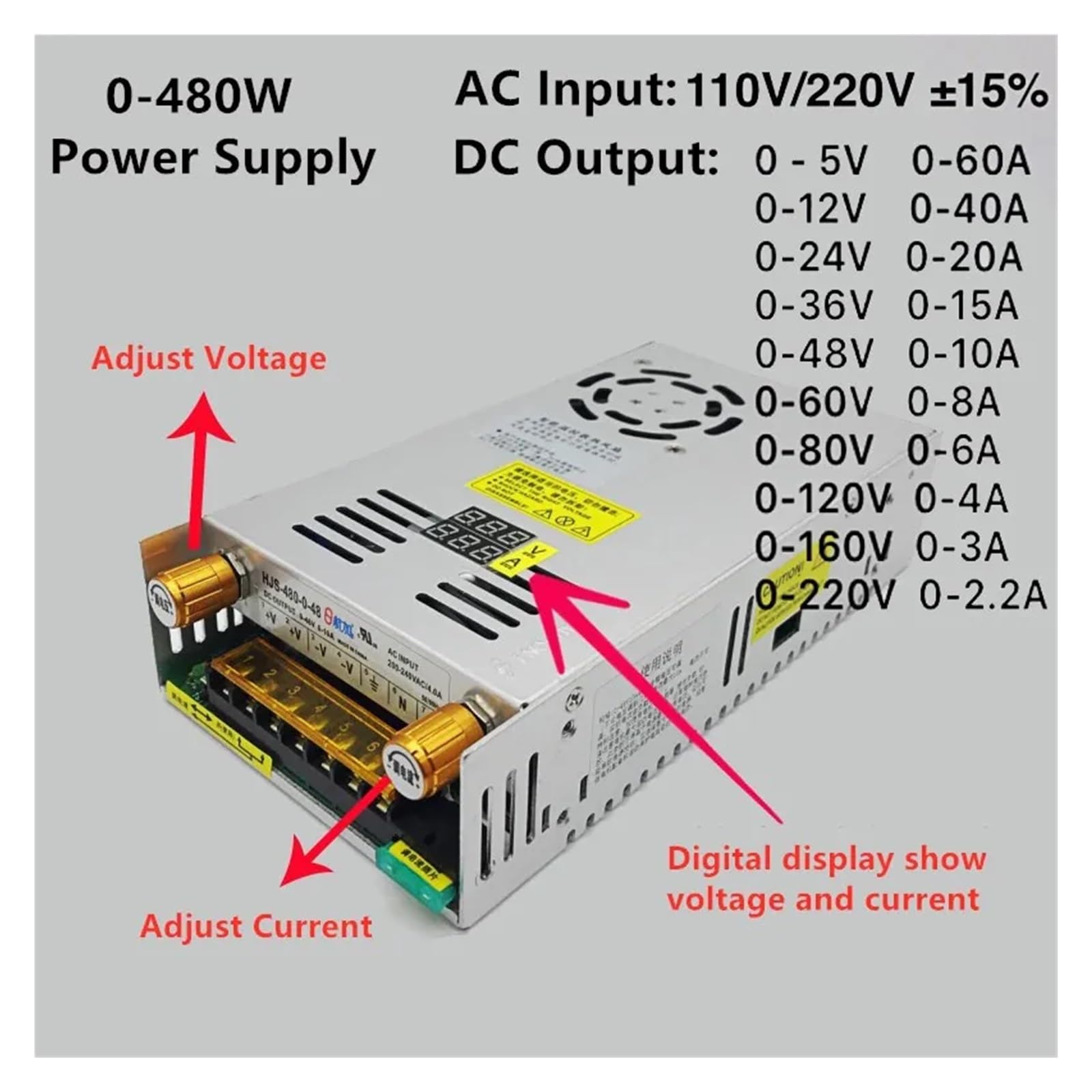 Fuente de alimentación conmutada, Transformadores de CA CC a fuente de alimentación conmutada de 5V, 12V, 24V, pantalla Digital ajustable de 36V, 48V, 60V, 80V, 120V, 160V, y 480W,para tiras de luces