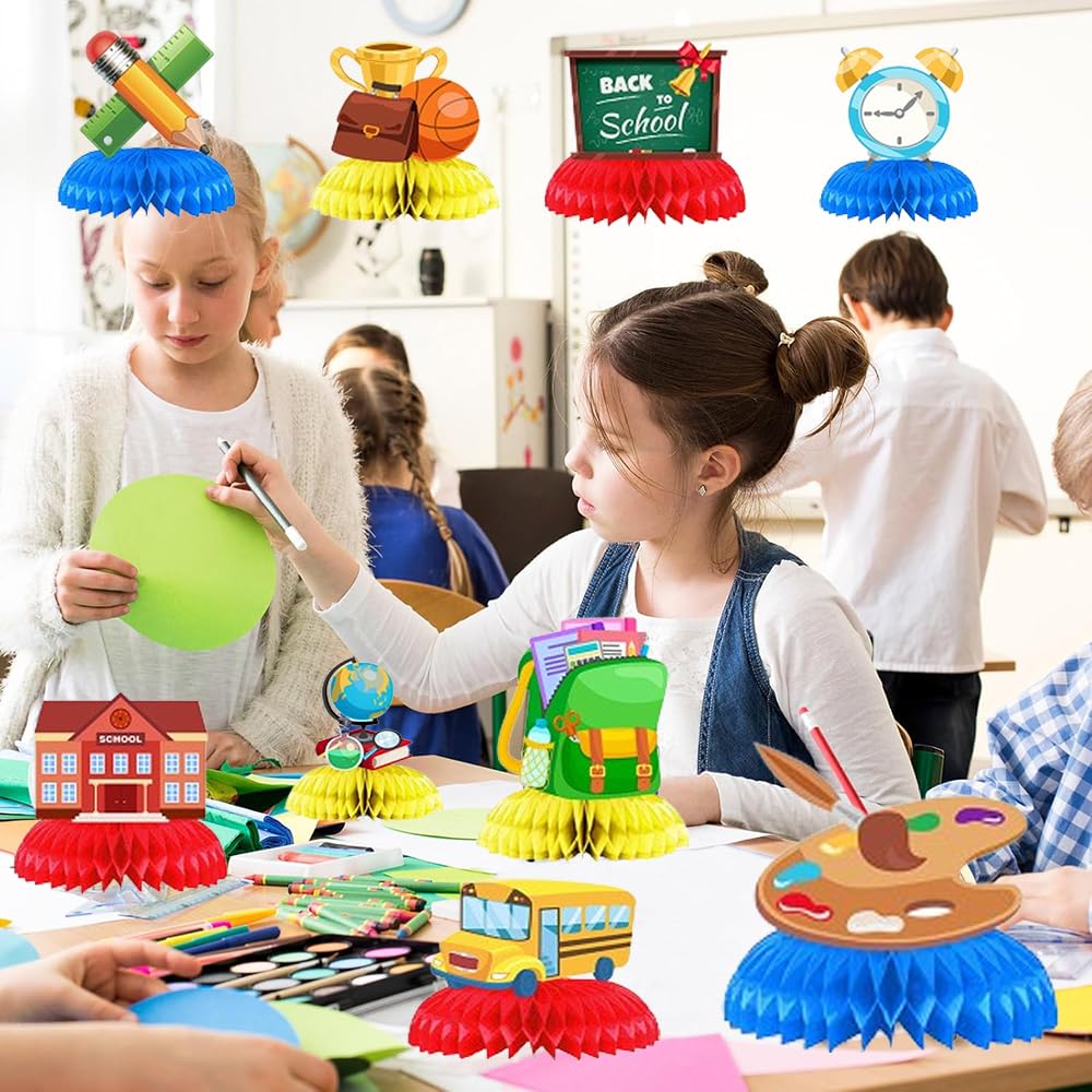 9 Piezas Centro De Mesa Panal De Abeja - Decoración Vuelta Al Cole Con Globo, Pizarra, Mochila, Libro - ¡Ideal Para Fiestas Escolares!