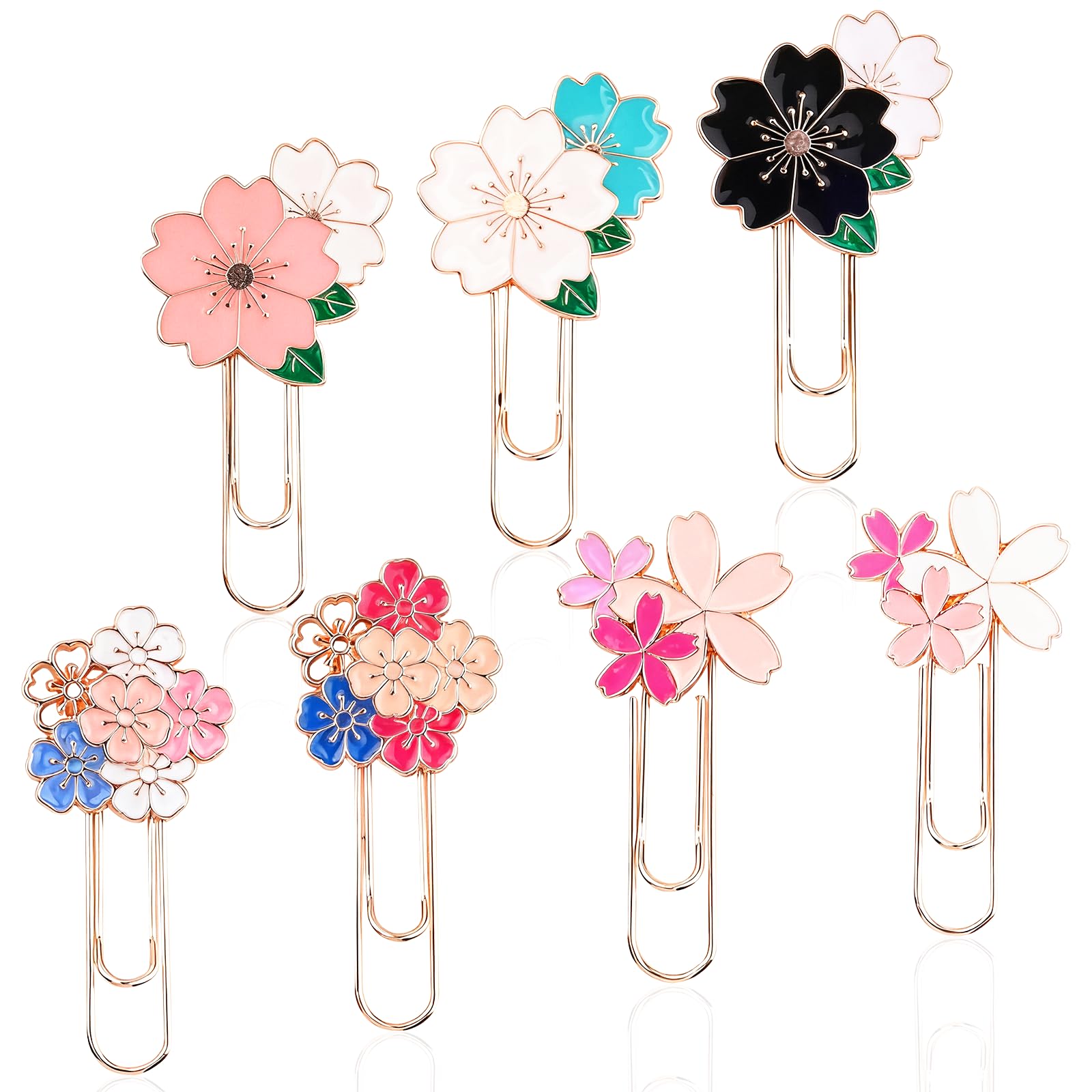 7 Pcs Cherry Blossom Cute Paper Clips, Pretty Book Decorative Paper Clips, Exquisite Rose Gold Metal Paper Clip with Unique Cherry Blossom Patterns for Bookmark Clamp Desk Stationery Accessories