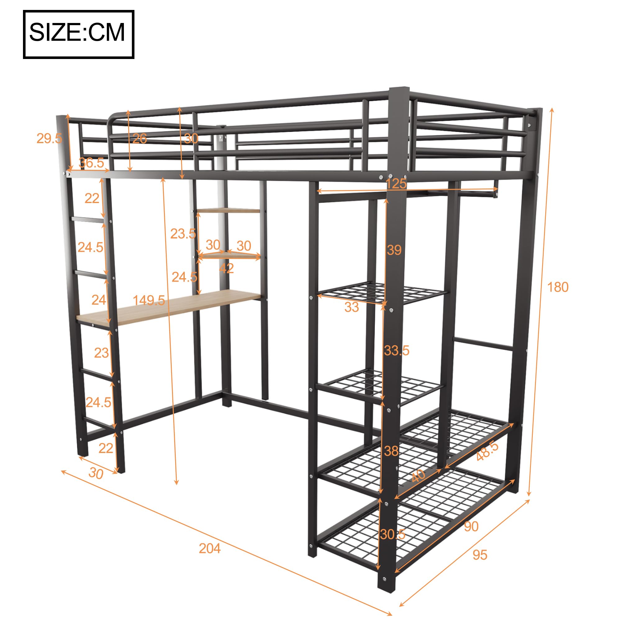 Merax Kinderbett Hochbett,Metall,90x200 cm, mit Schreibtisch,mehrere Regalen,einfach Kleiderschrank-Design,Leiter, Stabiler Metallrahmen, für Kinder und Jugendliche, Ohne Matratze,Schwarz