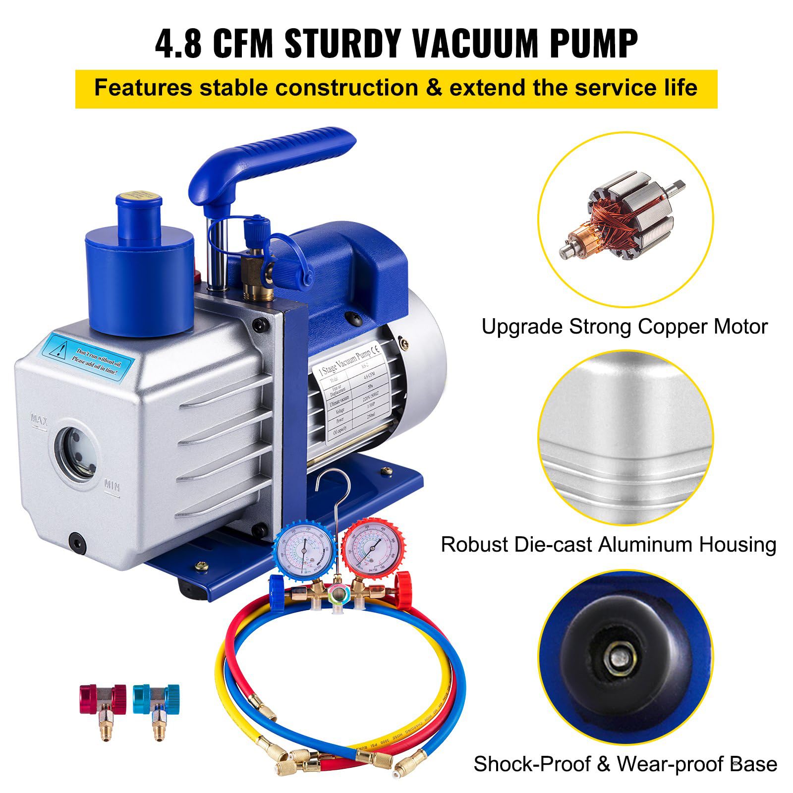 Bomba de Vacío para Climatización, Kit de Bomba de Vacío para R12, R22, R502, R410A, R134A, Bomba de Vacío Ideal para HVAC, Climatización Auto, Desgasificación (4,8 m³/h - 1/3 CV)