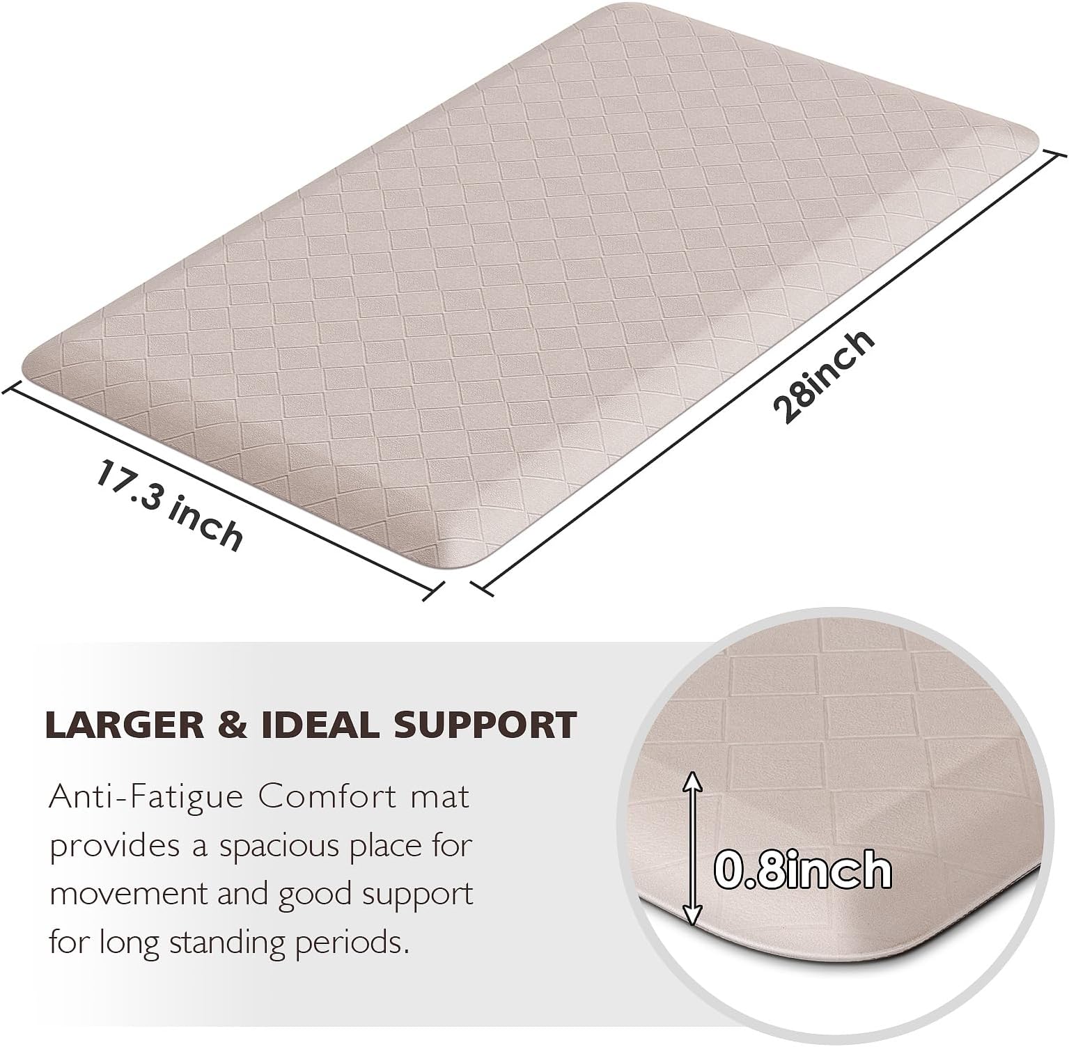 HappyTrends Kitchen Runner Rugs Anti-Fatigue mats - 4/5 Inch Thick Non Slip Waterproof Ergonomic Comfort Mat for Kitchen, Floor Home, Office, Sink, Laundry (17.3"x 28",Khaki)