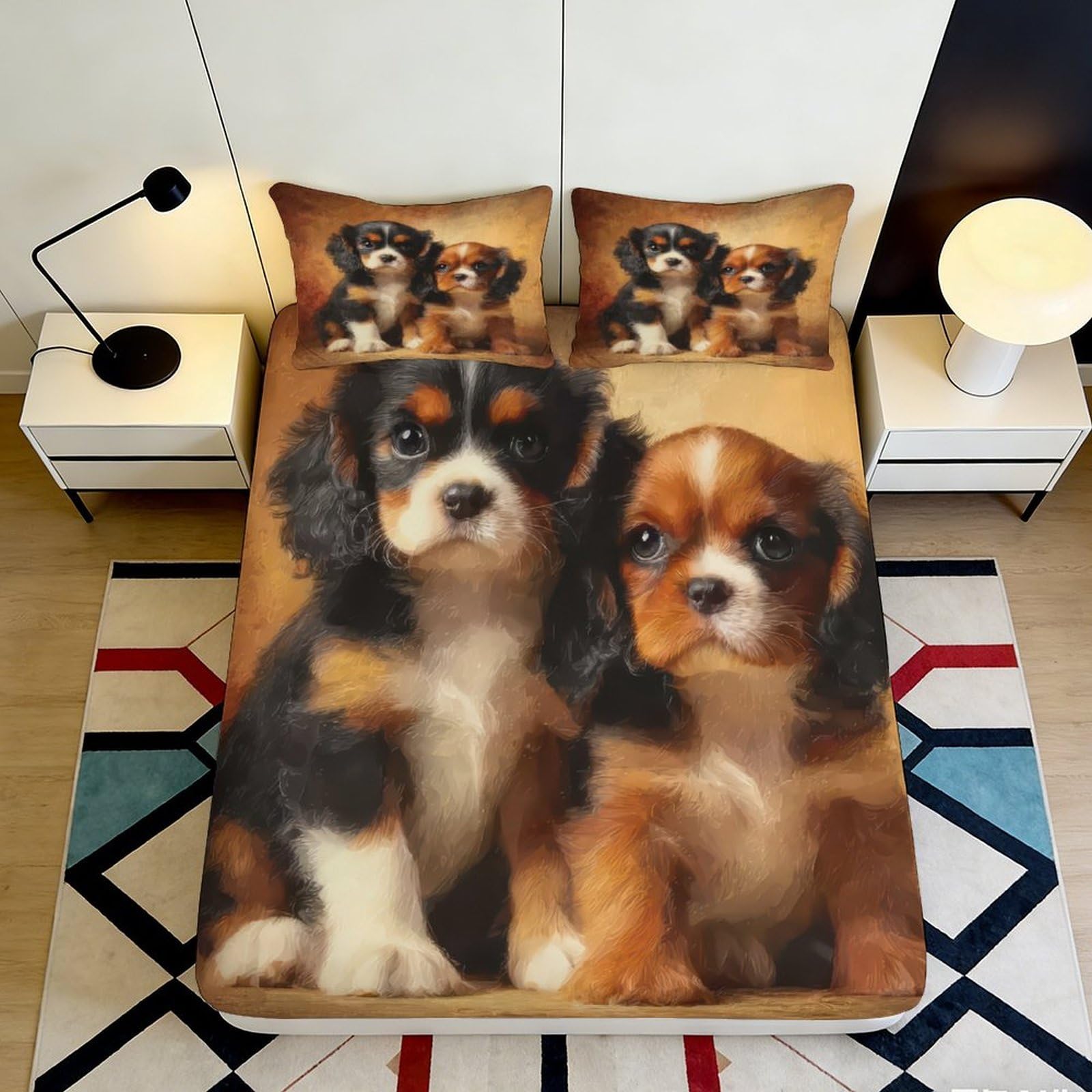 3D Printed Cavalier King Charles Dog Fitted Sheet Microfiber Soft Animal Puppy Mattress Cover for Bedroom Dorm Mattress Protection Decor 120x200x25cm