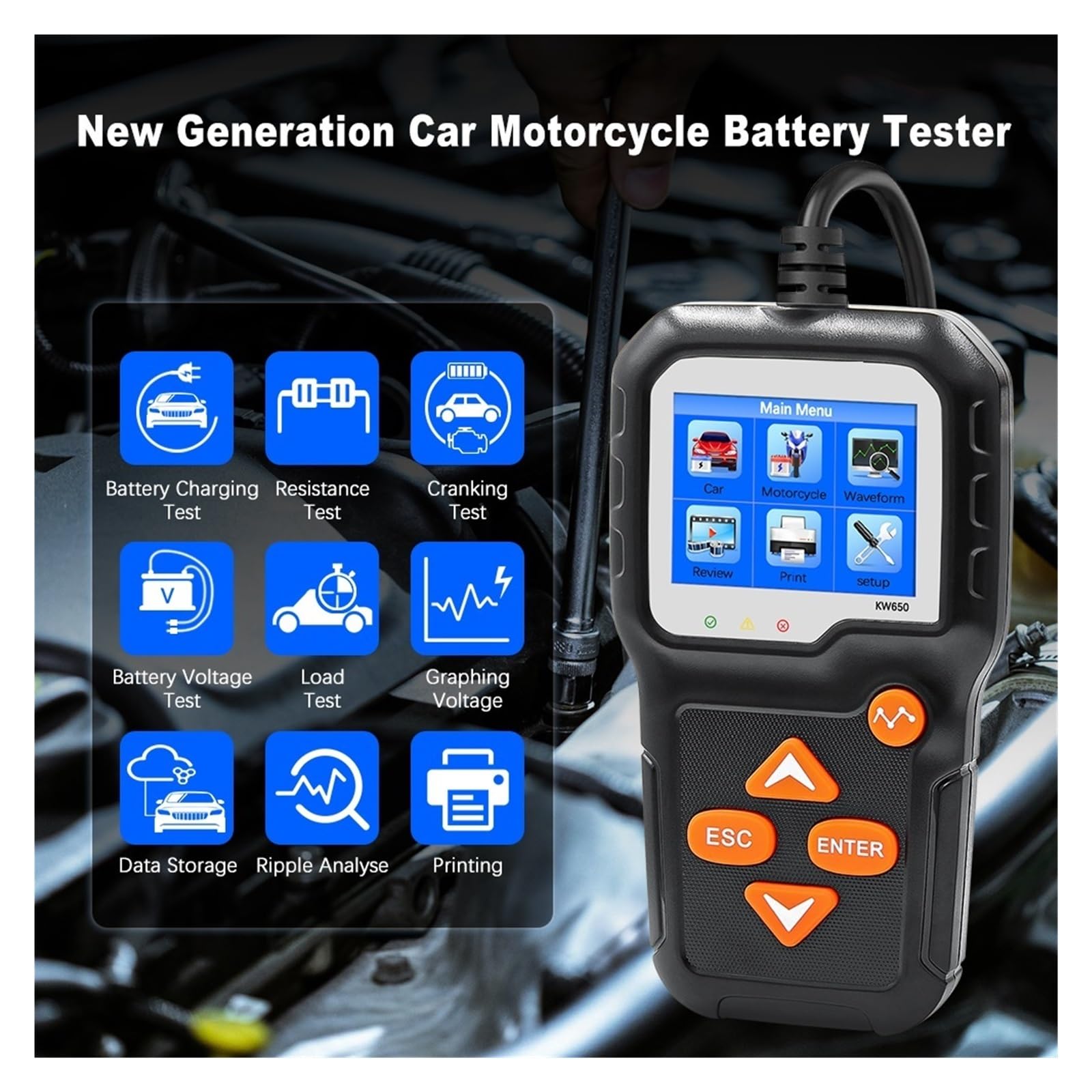 KW650 Tester akumulatora samochodowego motocyklowego 12 V 6 V Analizator akumulatora 2000CCA Układ rozruchowy ładowania Szybkie narzędzie we do pojazdu