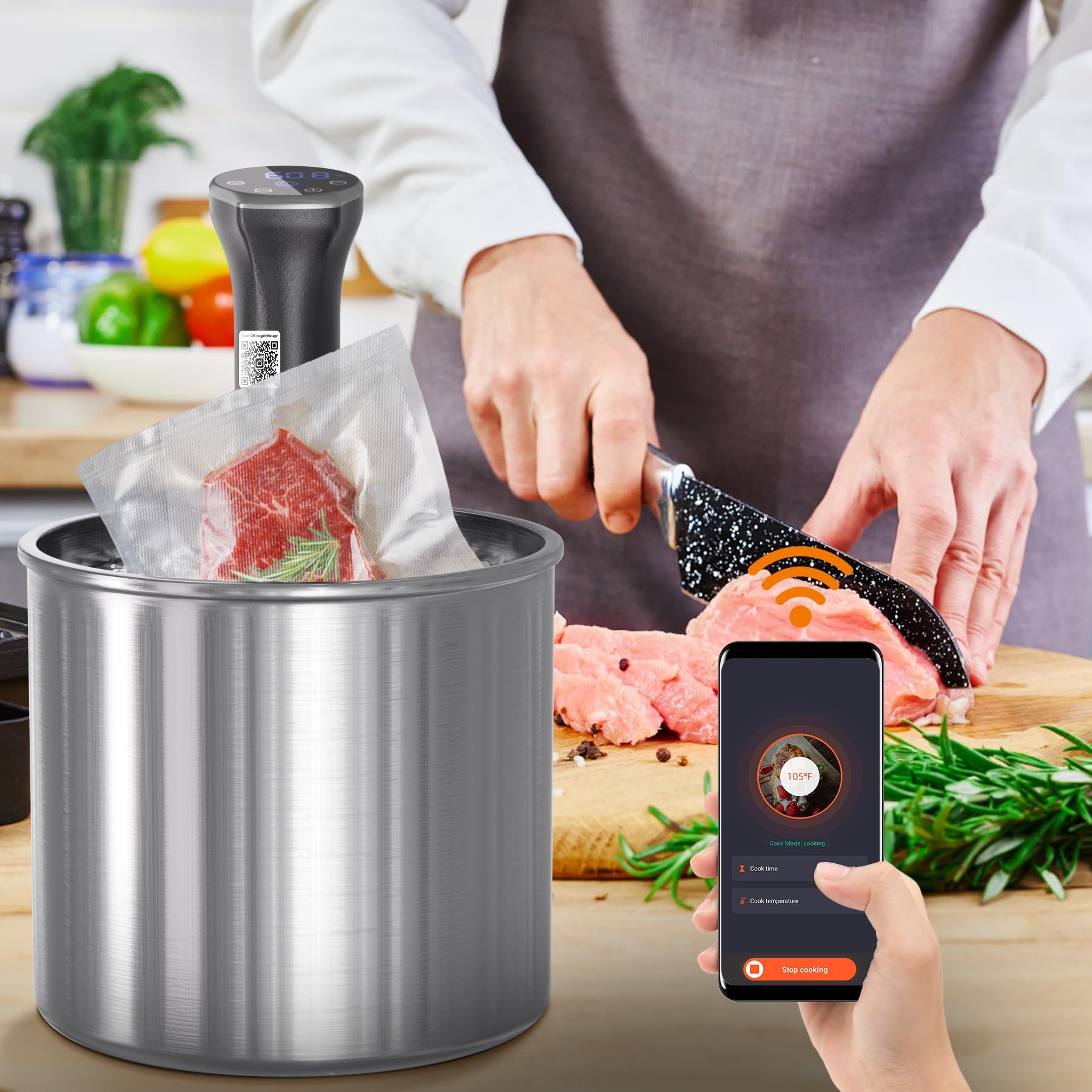 Sous Vide Machine, 1100 W WIFI mejorada Cocina de trabajo ultra silenciosa Circulador de inmersión con recetas (aplicación incluida), temperatura precisa, temporizador digital, impermeable