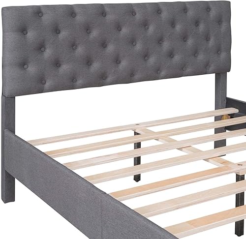 Miniatura 13 de Base de cama tapizada de lino de tamaño matrimonial con cabecera cómoda, plataforma moderna de mediados de siglo con soporte de listones de madera