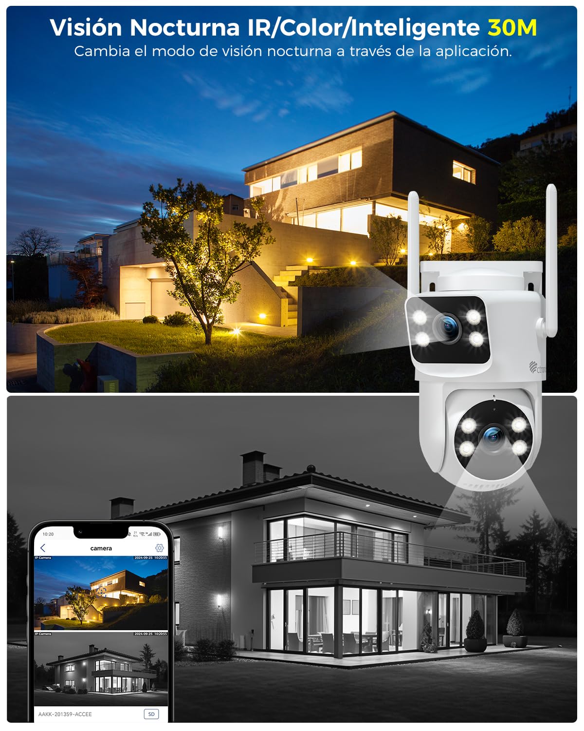 Ctronics Camara Vigilancia WiFi Exterior con Doble Lente, PTZ Cámara 2.4/5Ghz NVR, Seguimiento Automático, Visión Nocturna Color 30M y Grabación 24/7, Compatible PC/Tablet/Móvil,1080P, IP66