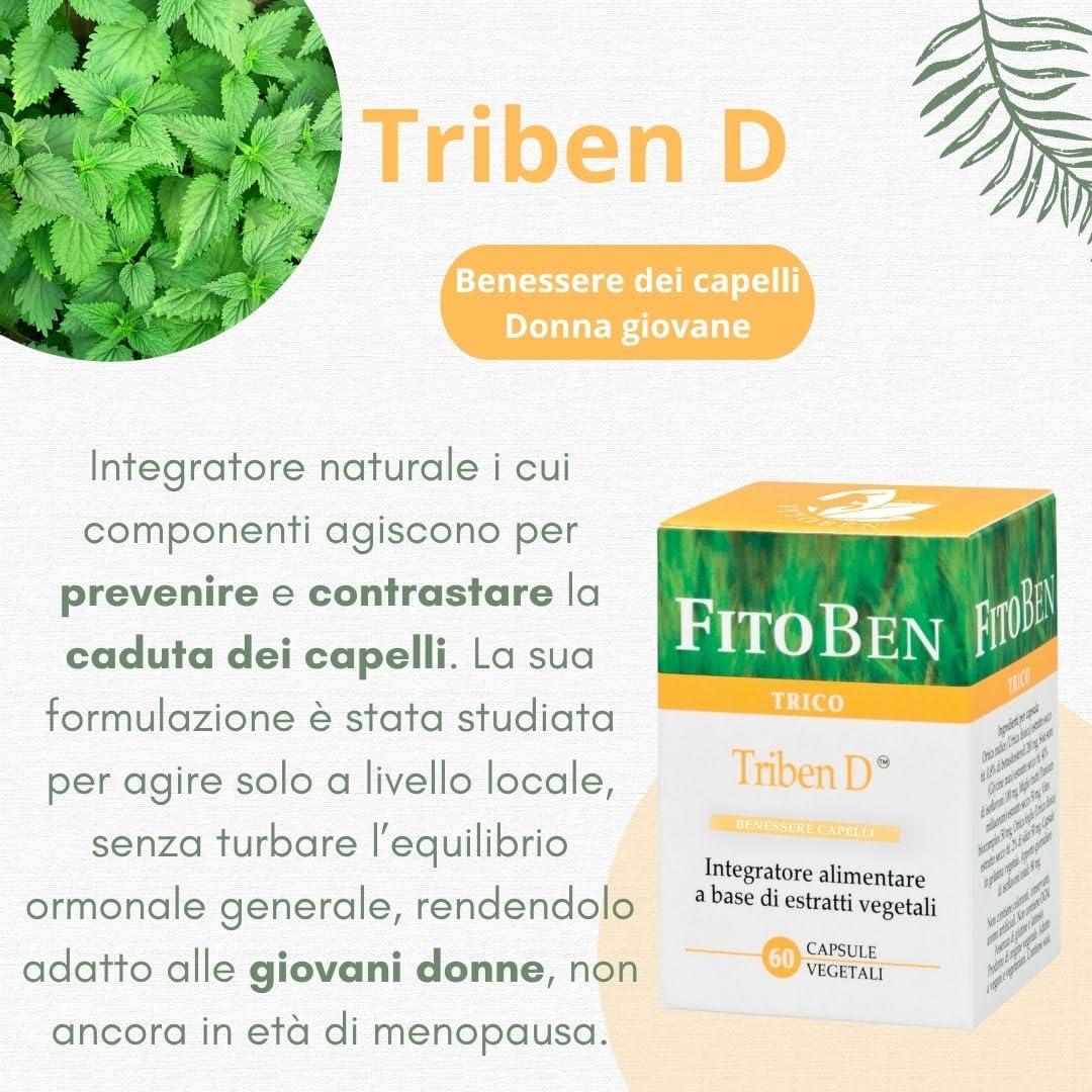 Fitoben | Triben D® Integratore Naturale per Donna Giovane, Previene e Contrasta la Perdita dei Capelli, con Ortica, Miglio, Mela Annurca e Trifoglio, 60 Capsule Vegetali