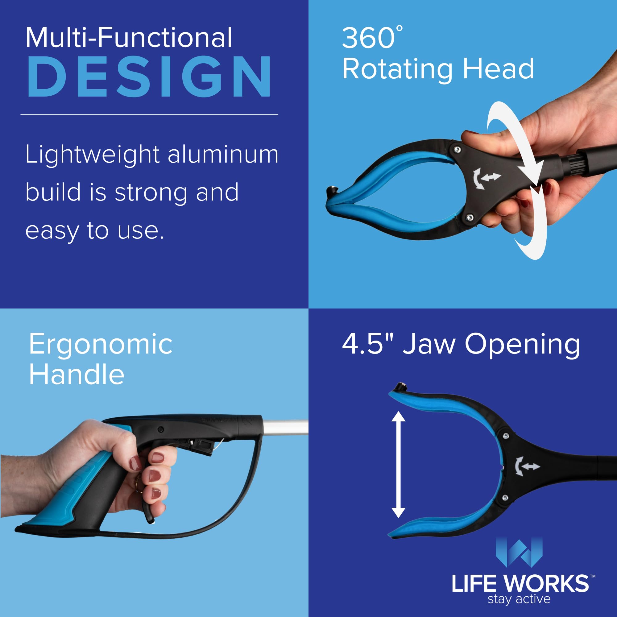 LIFE WORKS Strumento per afferrare la mano, testa rotante a 360°, apertura ganascia da 11,4 cm, manico ergonomico, pieghevole per riporlo, aiuta a raggiungere oggetti alti o bassi, recupero chirurgico
