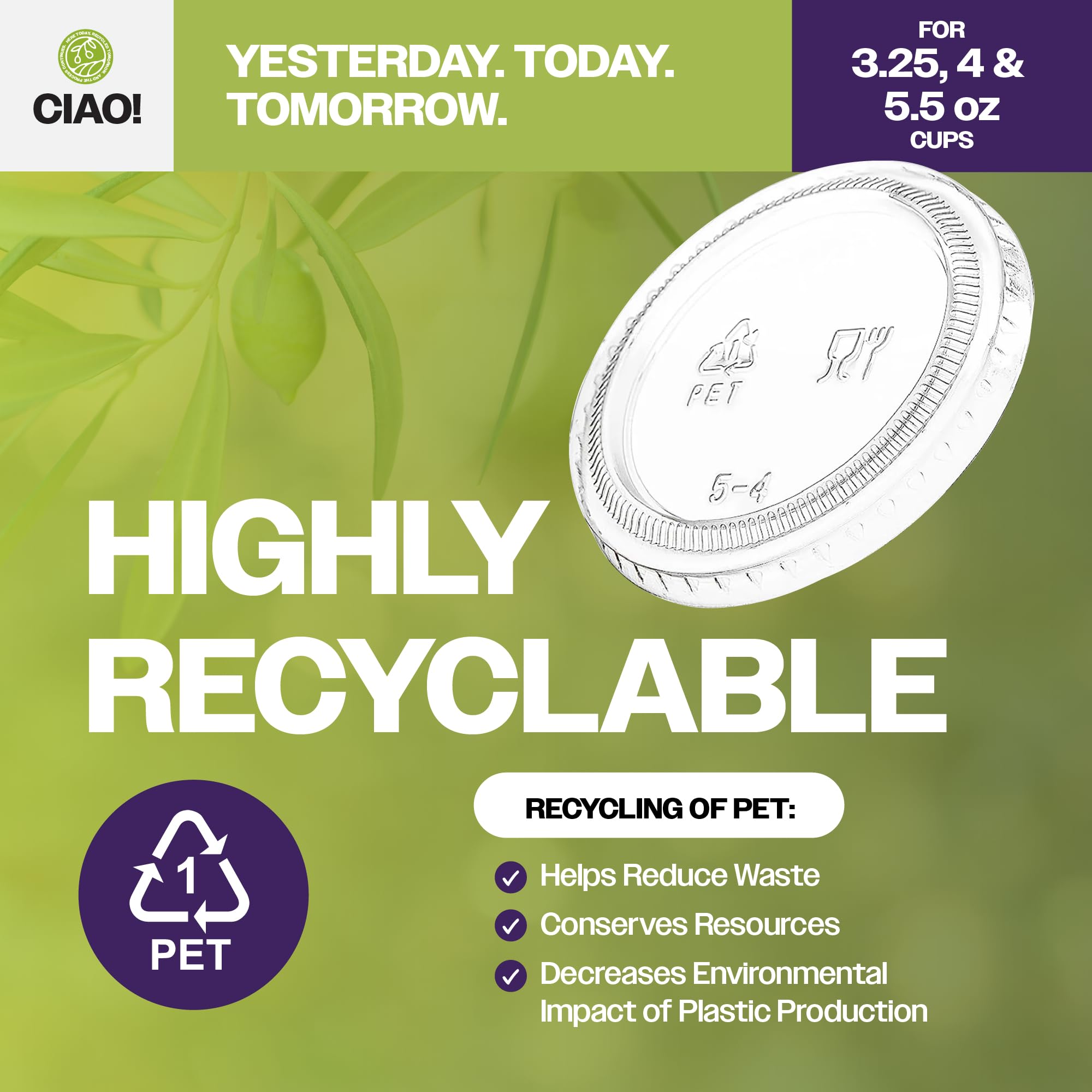 CIAO! Tapa de PET transparente para tazas de porciones de 3.25, 4 y 5.5 onzas, 74 mm de diámetro (caja de 2.500)