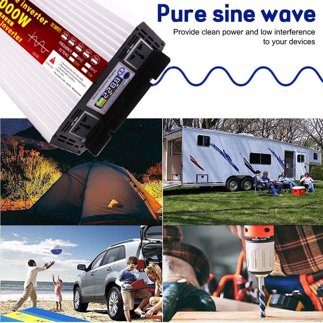 Przetwornica NapięCia 5000W, Dc 12V/24V/48V/60V/72V Do Ac 220V/230V, Przetwornica Czystej Fali Sinusoidalnej, Przetwornica Zasilania Samochodu,12V