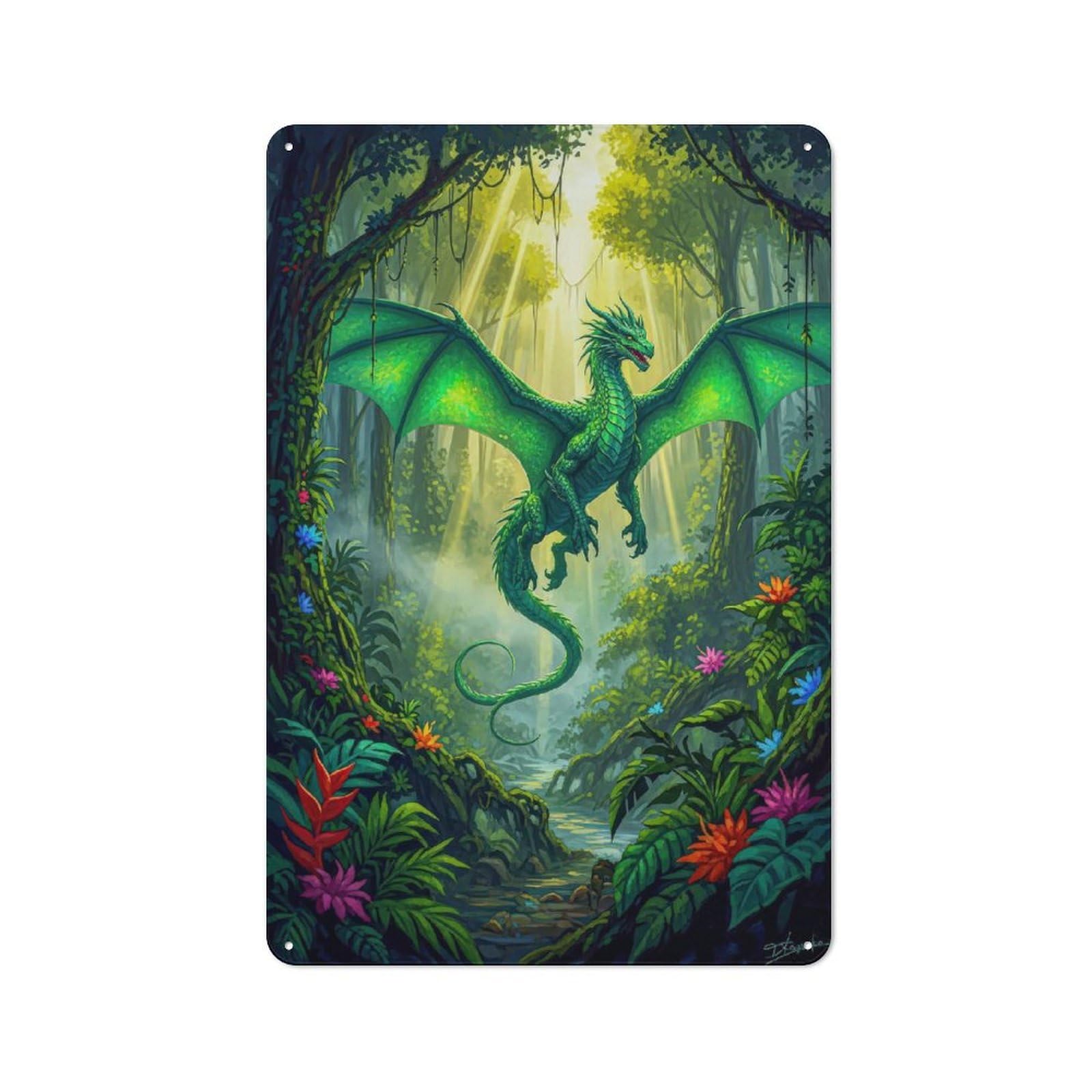 Junmoney Style Emerald Dragon In Lush Jungle Metal Wall Plaque, Easy To Hang Plaque For Living Room, Hallway, Kitchen Or Pet Corner, 30X20cm