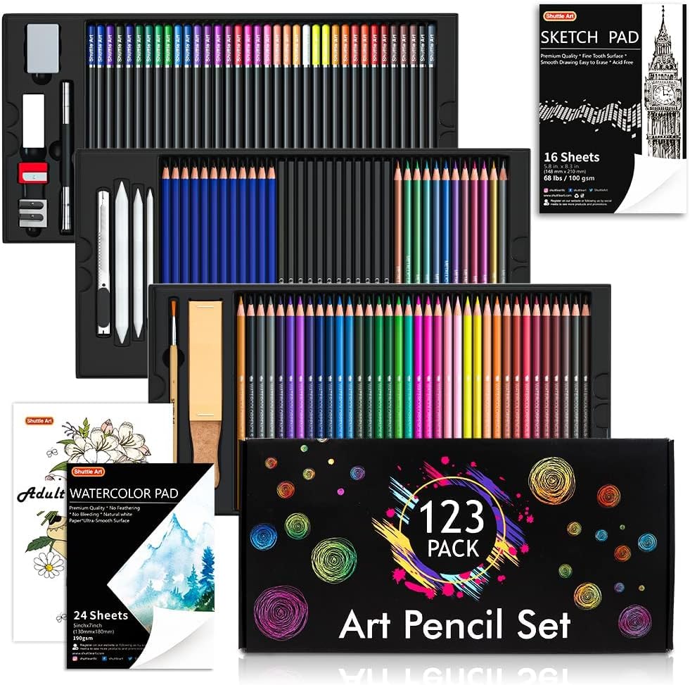 Shuttle Art 123 Pack Art Pencil Set, 36 Watercolor Pencils,36 Oil Based Pencils,12 Sketch Pencils,12 Metallic Color Pencils,12 Charcoal Pencils,15 Pieces Drawing Kit, Great Gift for Kids Adults
