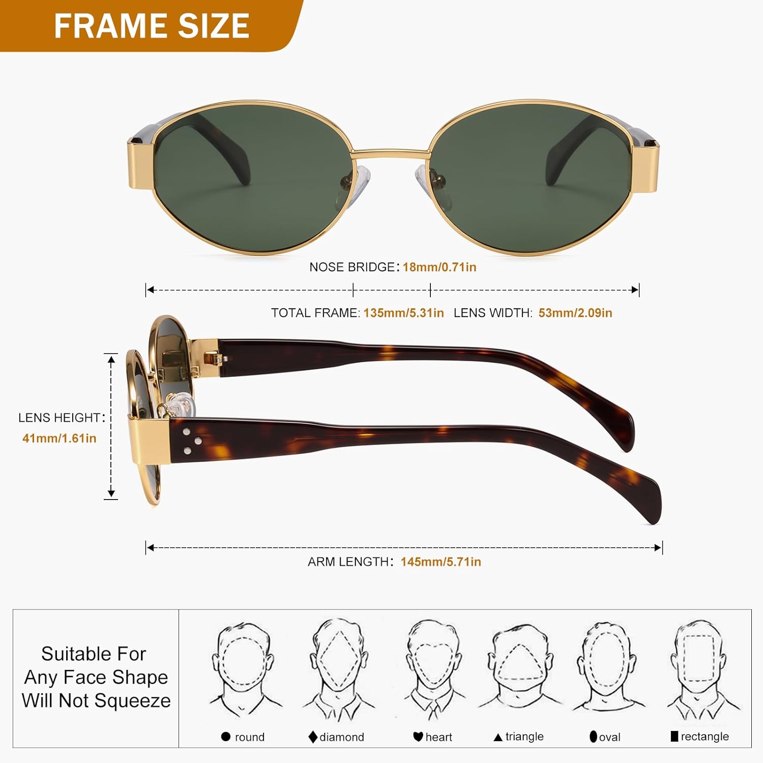 Retro Polarized Oval Sunglasses for Women Men,Trendy Metal Acetate Sun Glasses Shades UV400 Protection - Image 3