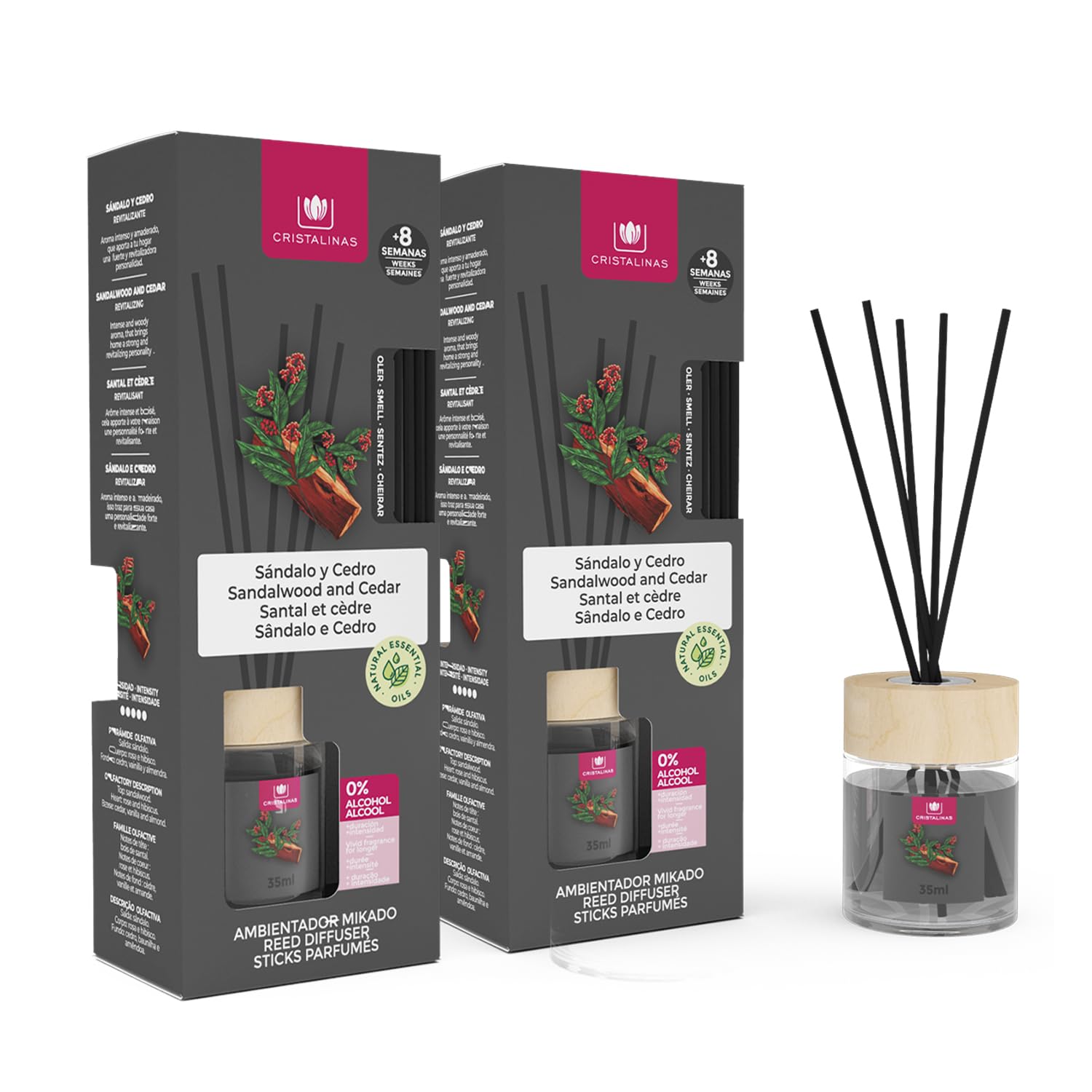 CRISTALINAS | Pack 2 Ambientador Mikado para Hogar | Fragancia Larga Duración 8 Semanas | 2x35ml | 0% Alcohol (Paquete de 2, Sándalo y cedro)