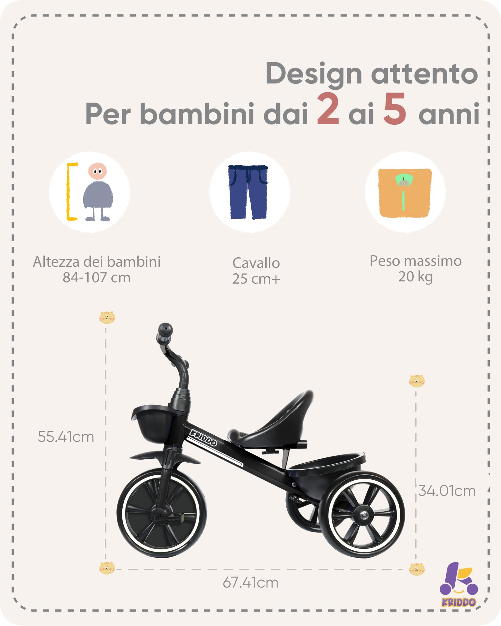 KRIDDO Triciclo per Bambini dai 24 mesi ai 5 anni, Tricicli per bambini da 2,5 a 5 anni, Triciclo Evolutivo da 2 a 4 anni, con Cestello Portaoggetti, Ideale da regalare, Nero