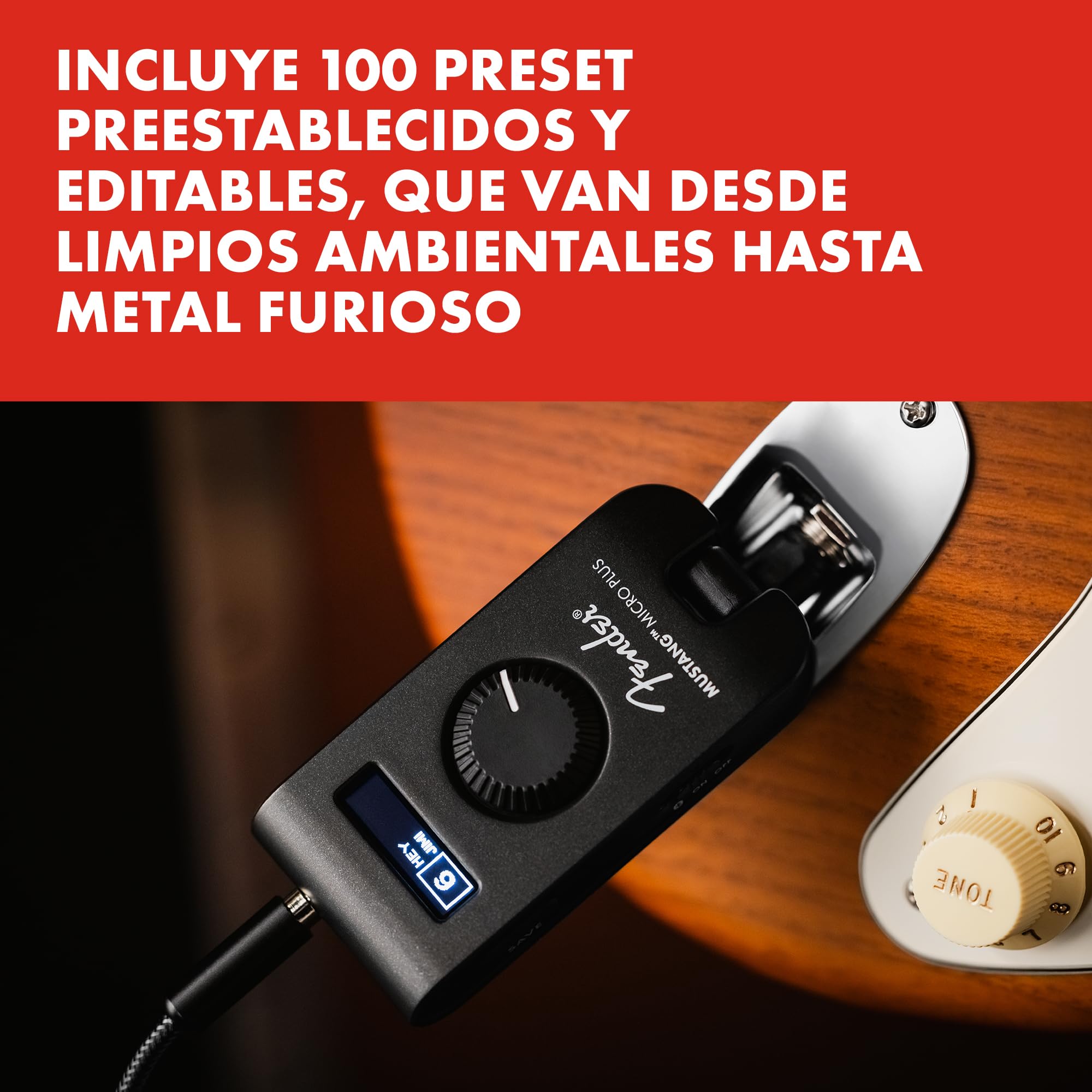 Fender Mustang Micro Plus Amplificador de Guitarra, Amplificador de Auriculares Personal con 25 Modelos de Amplificador, 25 Efectos, Bluetooth y 100 presets, Recargable por USB