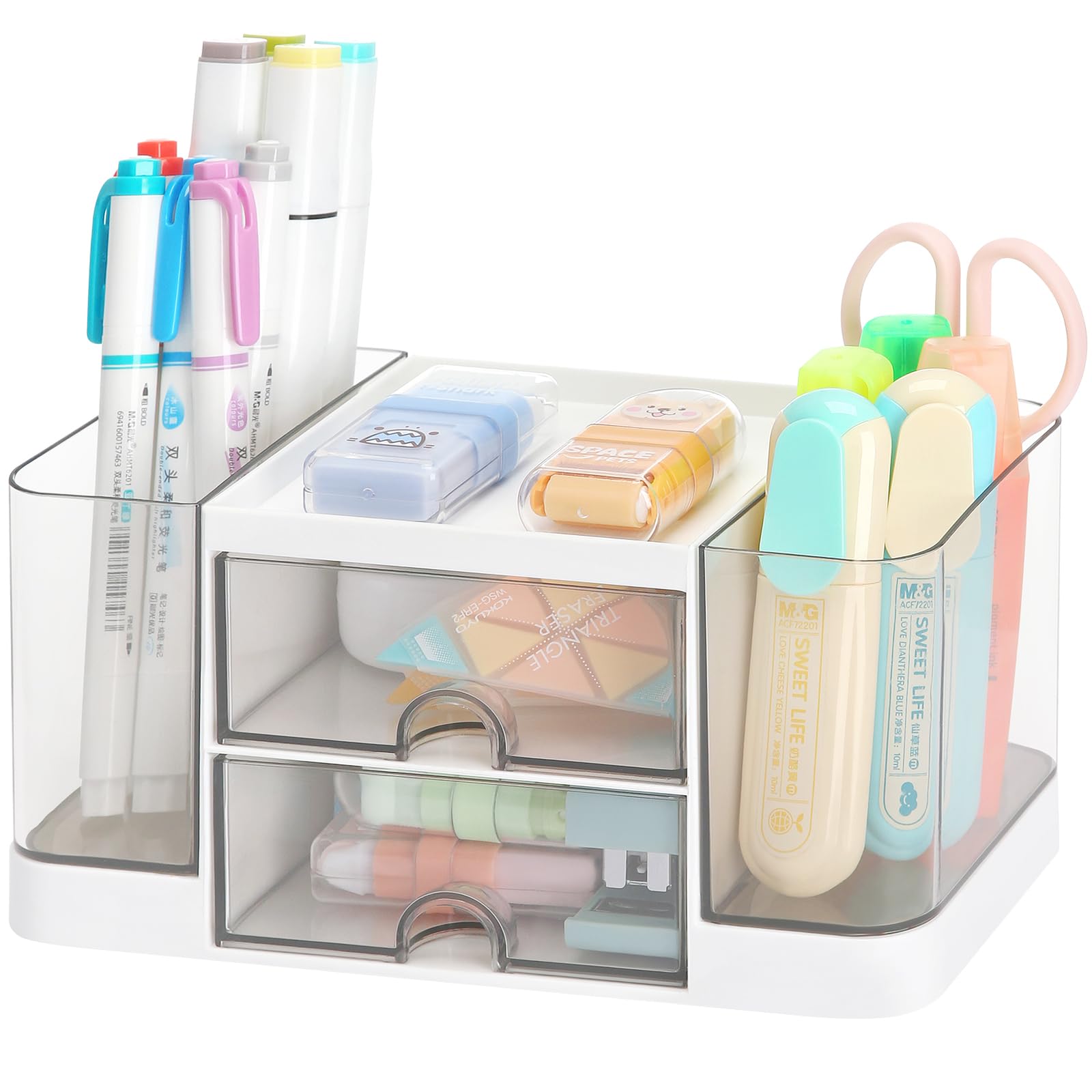 LETURE Desk Organizer with 2 Transparent Drawer, Pen Pencil Holder for Office Accessories, Multi-Functional Desktop Organizer and Storage with 5 Compartments for Office Home Art Supplies (Clear)