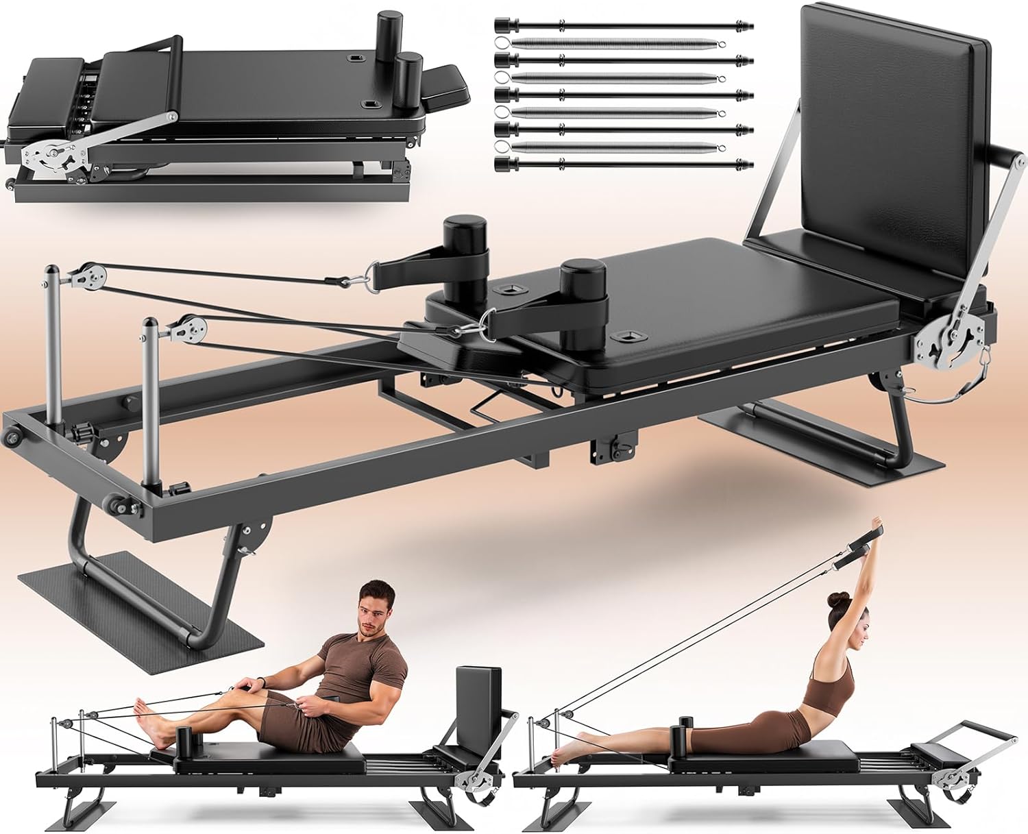Foldable Pilates Reformer - Reformer Pilates Machine with Springs, Quick-Assembly Pilates Power Gym Equipment for Home Workout & Gym, Pilates Machine with Upgraded Wheels and Jumpboard