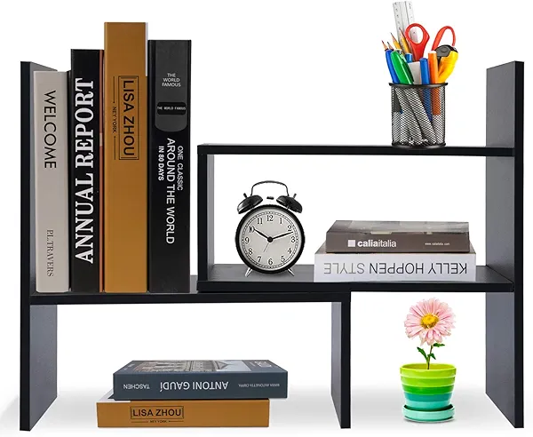 Hossejoy Desk Shelf, Adjustable Desktop Storage Organizer, Wood Display Shelf Rack, Office Supplies Desk Organizer, Black