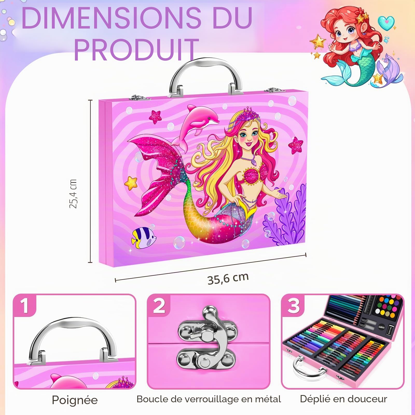 Sirène Malette De Coloriage Enfant,Malette De Dessin Enfant De 4 à 12 Ans, Malette De Coloriage Fille Avec Feutres, Pastels à L'Huile, Crayons, Crayons De Couleur,Cadeaux De NoëL