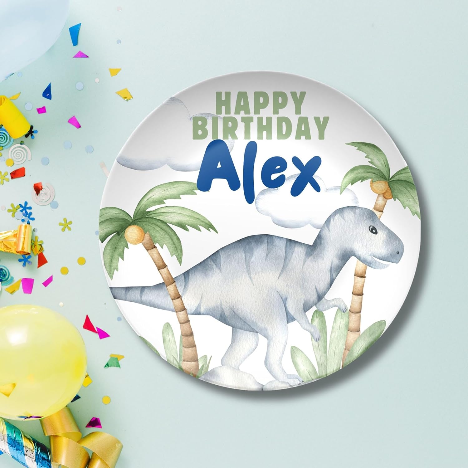 Personalized Watercolor Dinosaur Birthday Plate – Custom Name Keepsake for Kids