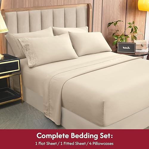 Miniatura 5 de Juego de sábanas de tamaño matrimonial, 6 piezas, microfibra de lujo sin arrugas, certificado Oeko-TEX, transpirable y elástica, bolsillos de 16