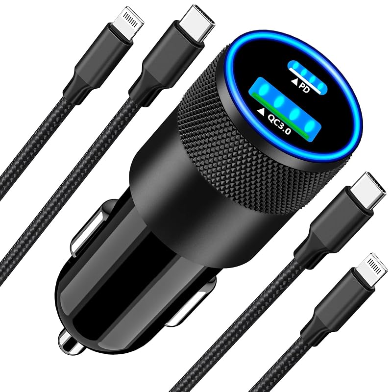 Carregador veicular Rombica MFi para iPhone, 52,5 W PD/QC3.0, 2 portas USB-C e USB-A, cabo trançado Lightning, preto carvão