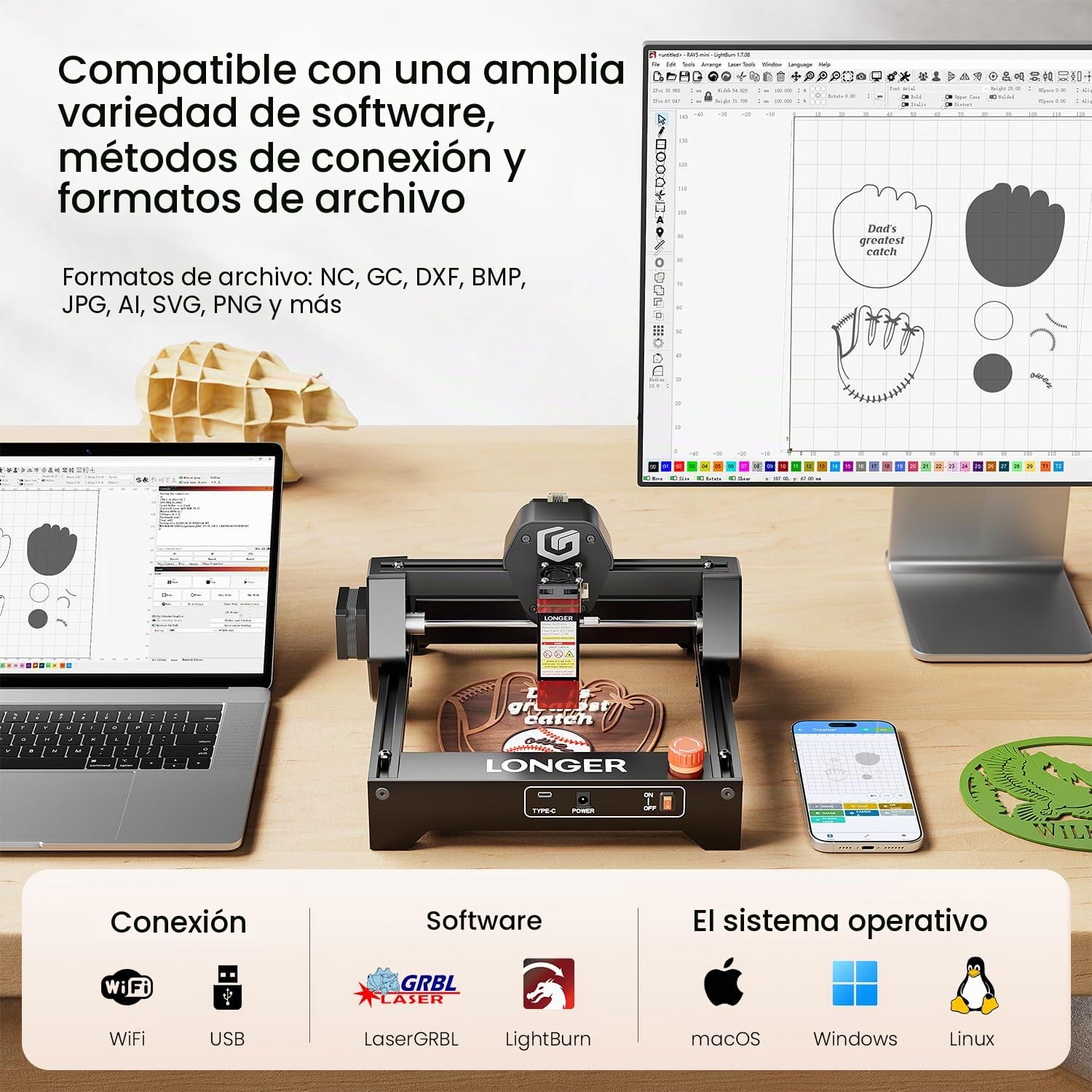 Longer Ray5 Mini Grabador Láser 12000mm/min Cortador Alta Velocidad para Madera, Metal, Acrílico, Cuero, DIY CNC, Área de Grabado 140x130mm, WiFi, Parada de Emergencia Seguridad (3,5W)