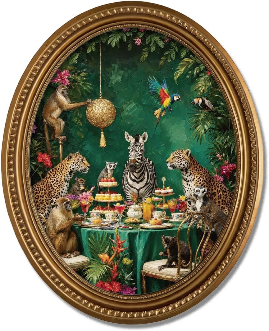 Jungle Animal Tea Party Oval Wall Decor, Maximalist Exotic Oil Painting Style Wood Wall Art, Funny Wildlife Wood Ornament for Desk Living Room Bedroom, 11.2 x 9 Inch