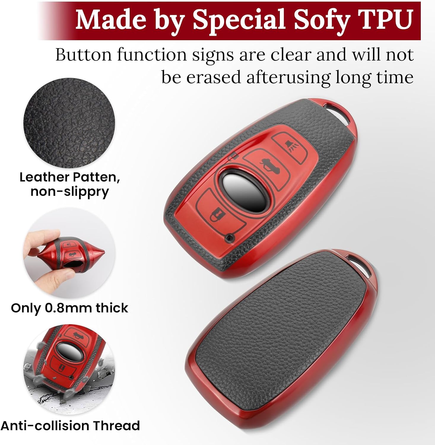 for Subaru Key Fob Cover with Carbon Fiber Style Belt Keychain, Upgraded TPU Surface Grain Case for Forester CrossTrek Ascent Outback Legacy Impreza STI WRX BRZ (Red, A1) image 2