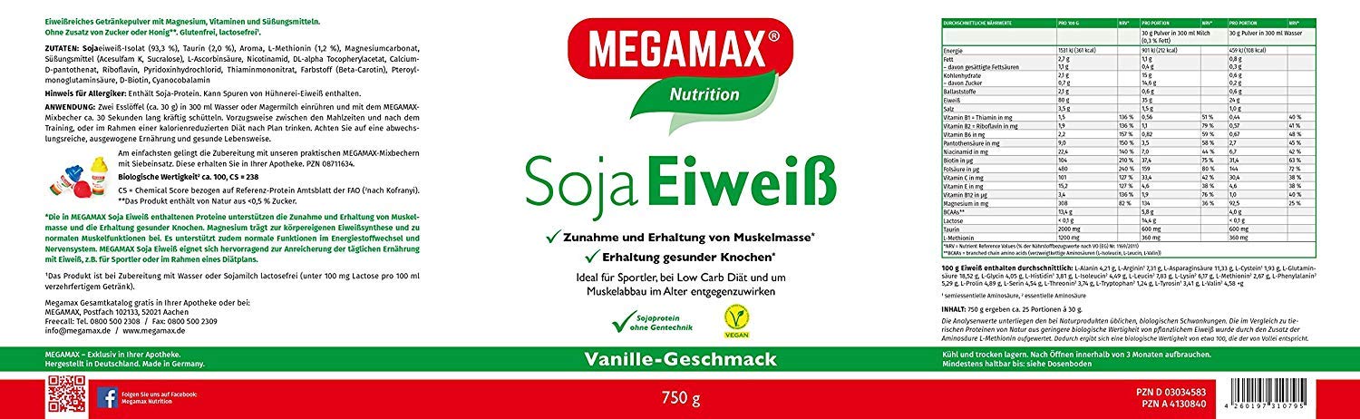 MEGAMAX Soja Eiweiß Vanille 750 g + Taurin + L-Methionin Glutenfrei - Sojaeiweiß-Isolat Low Carb - pflanzliches Eiweiss, Laktosefrei, Aspartamfrei - Veganes Protein für Muskelaufbau u. Muskelerhalt