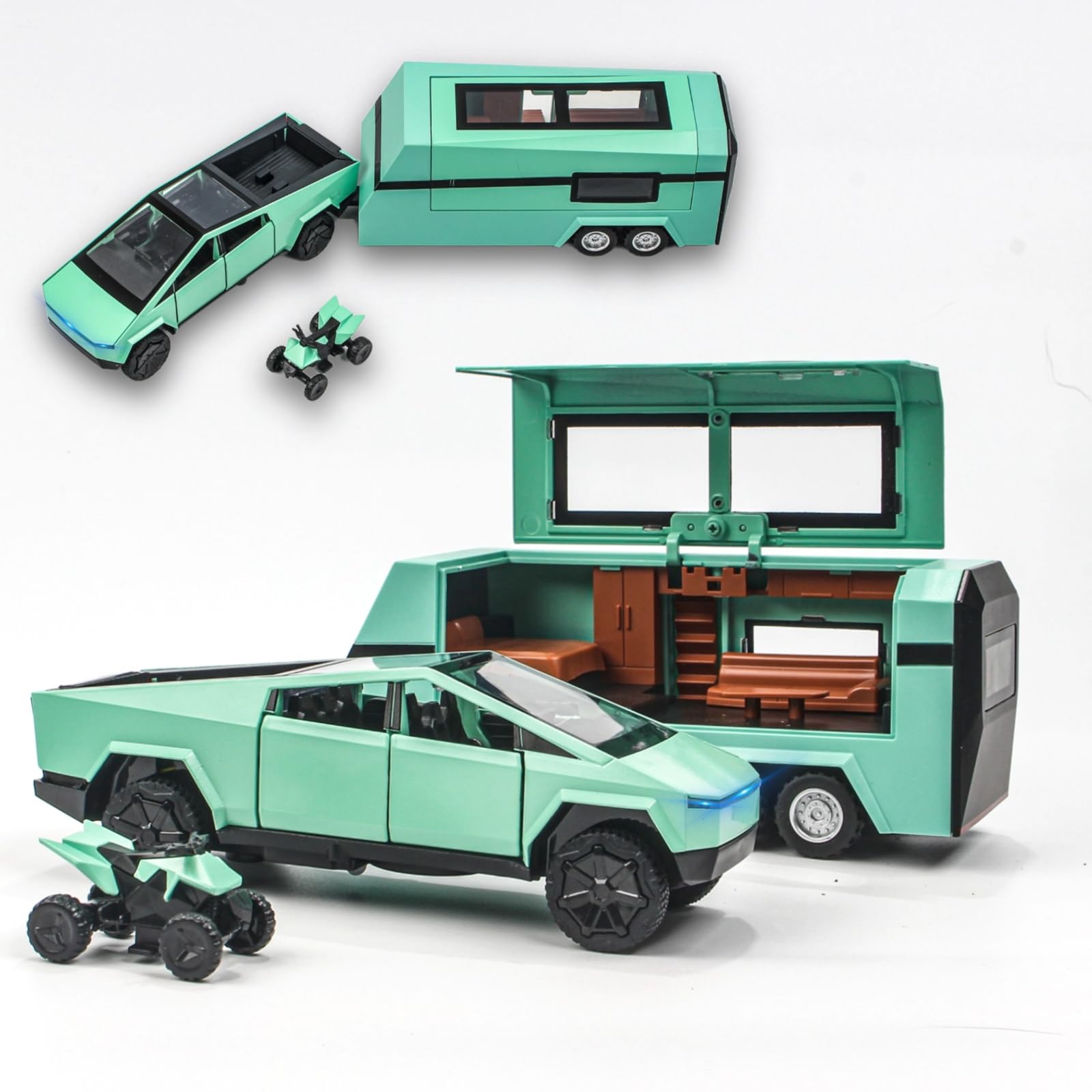 Ethbirsge 1/32 Alloy Pickup Truck & Trailer - Die-Cast Metal Pull-Back Toy with Sound & Light, Openable Cab/Trailer, Detachable Motorcycle - Gift
