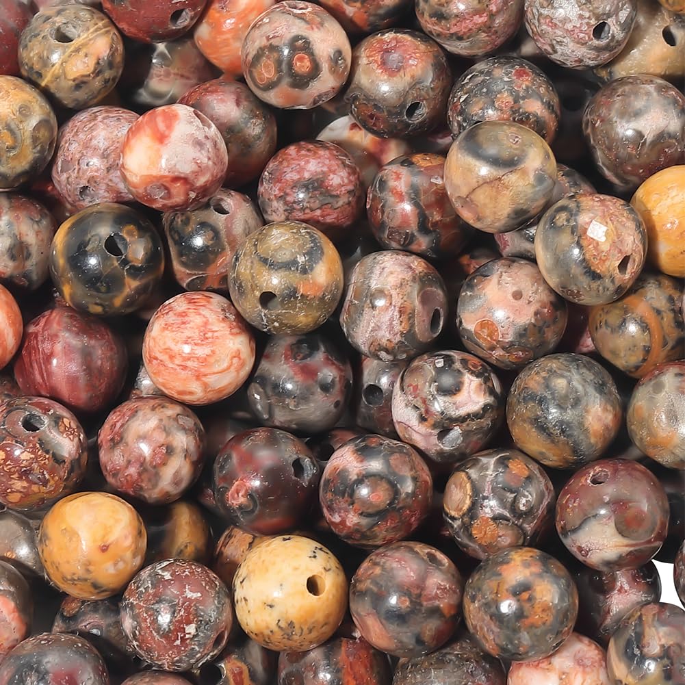 PONABEADIY 1 Box 120PCS Natural Jasper Stone Beads with Hole Round Red Leopard Skin Gemstone Smooth Polished Loose Spacer Bead Bulk for Jewellery Making Earrings Bracelets Necklaces DIY Crafts Supply