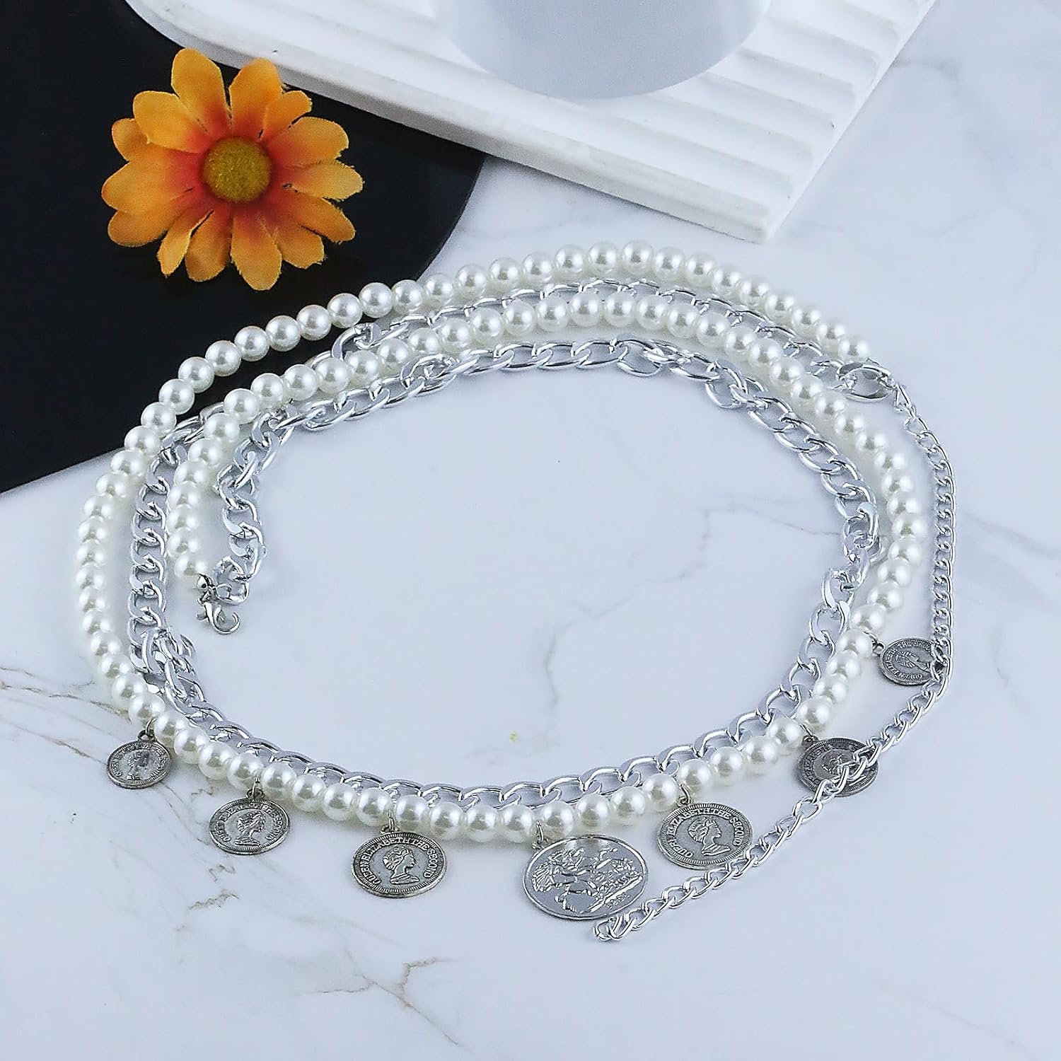 Pirate Waist Chain Gold Belt for Dress Women Coin Pearl Sunflower Waist Chains Beach Belly Body Chains Gold Pirate Accessories Fashion Jewelry (B-Silver) image 5