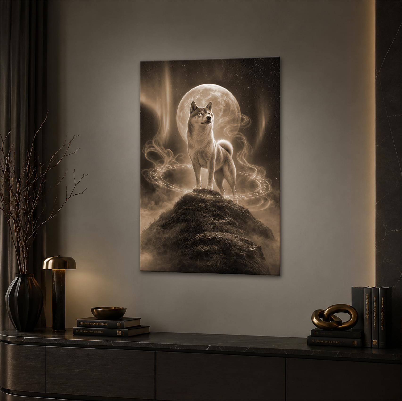 deyoli Obraz na płótnie Shiba Inu ze świecącymi oczami przed księżycem 80 x 60 cm Sepia