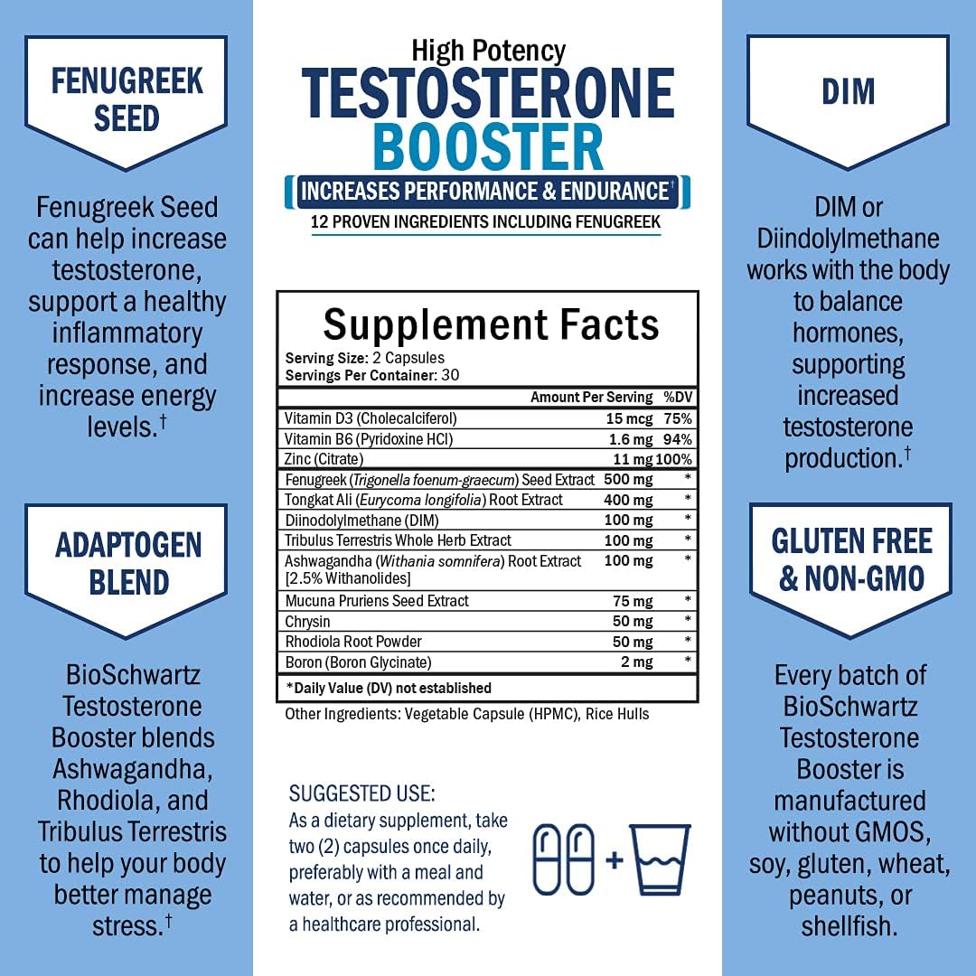 Testosterone Booster for Men - 12 Proven Ingredients Including Tribulus & Fenugreek for Improved Drive & Performance -  Adaptogens for Healthy Mood & Energy Support  - 60 Capsules : Health & Household