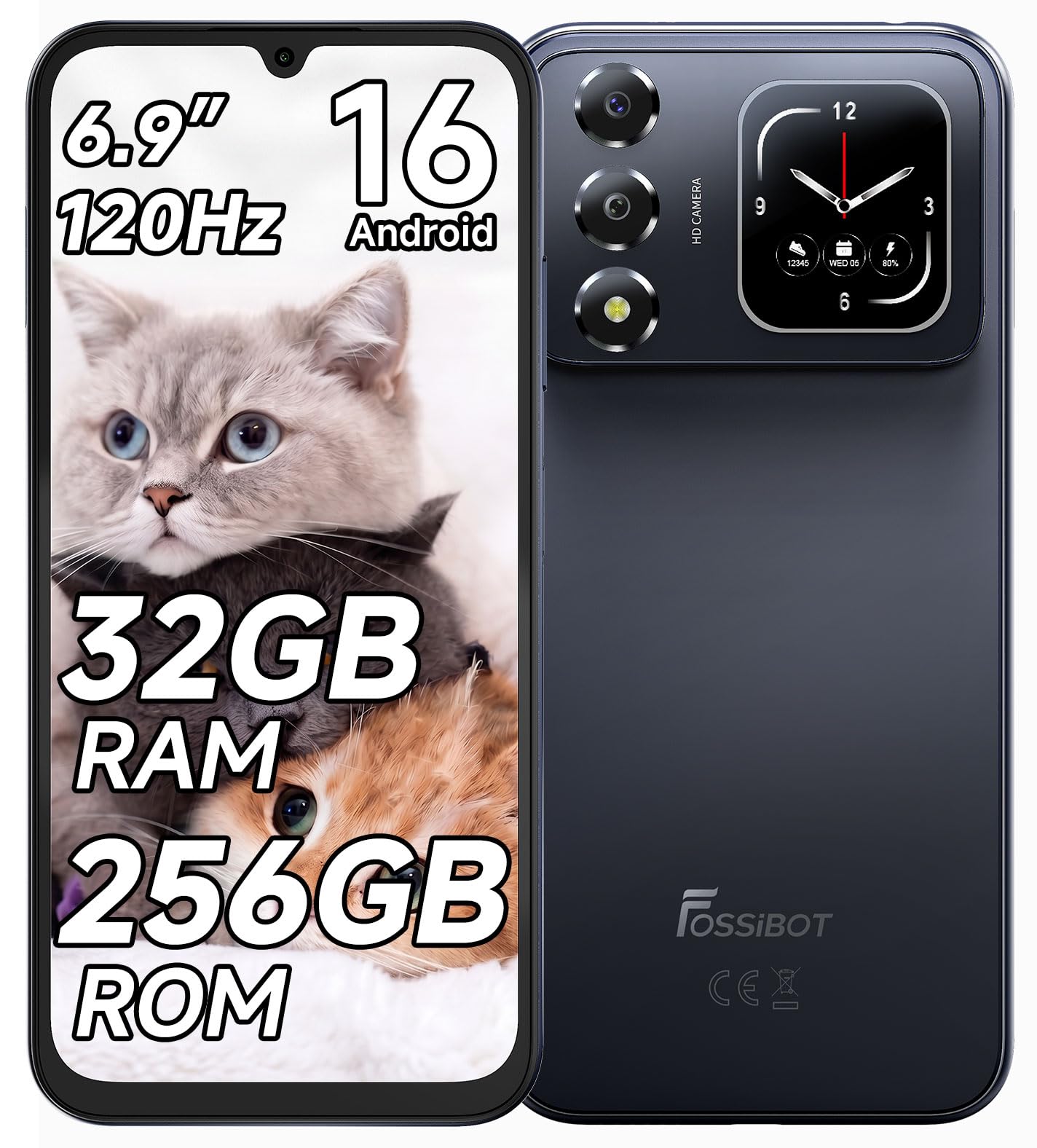 FOSSiBOT S7 SIMフリー スマホ 本体 32GB RAM+256GB ROM 最大1TB拡張 Android 16 スマホ オクタコア 6.9インチHD+ 大画面 120Hzリフレッシュレート アンドロイド スマホ 5000mAhバッテリー 携帯電話 13MP+8MPカメラ スマートフォン 4GデュアルSIM 顔認証 指紋認証 GPS OTG 技適認証済 グローバル版(ブラック)