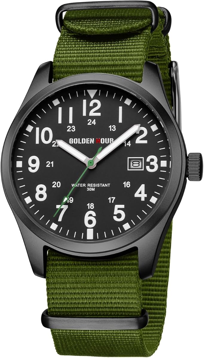 GOLDEN HOUR Men's Nylon Slip-Thru Strap Watch with Military Time Easy Read Dial Glowing Hands
